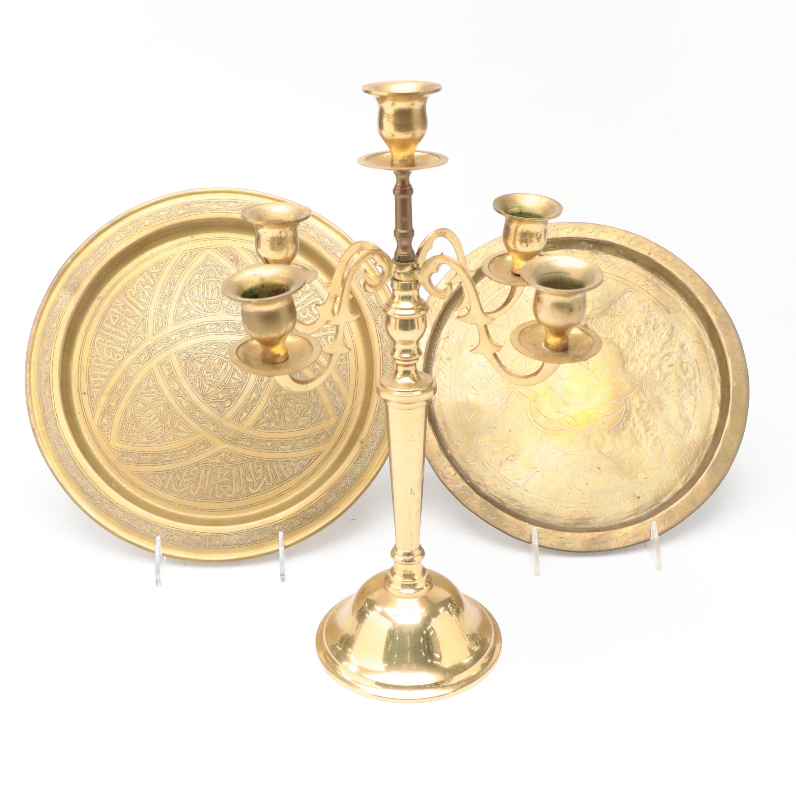 Brass Candelabra with Turkish Coffee Pot, Trays and Trivets, More