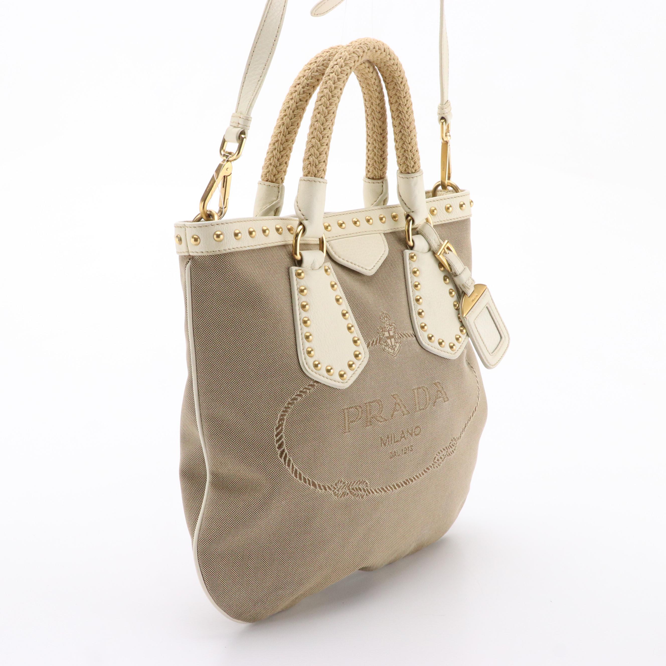 Prada Logo Canvas/Studded Leather Two-Way Bag