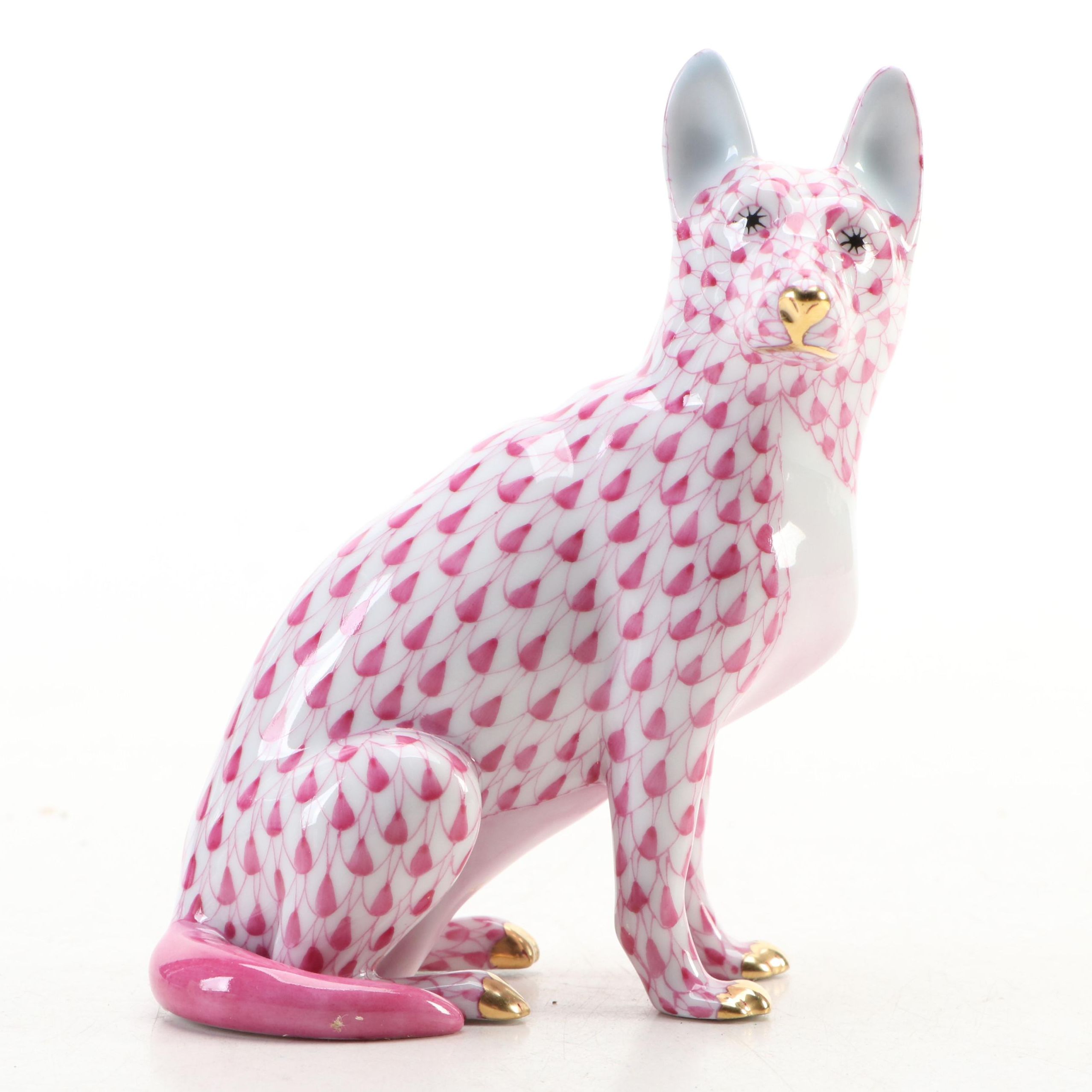Herend Raspberry Fishnet with Gold "German Shepherd" Porcelain Figurine