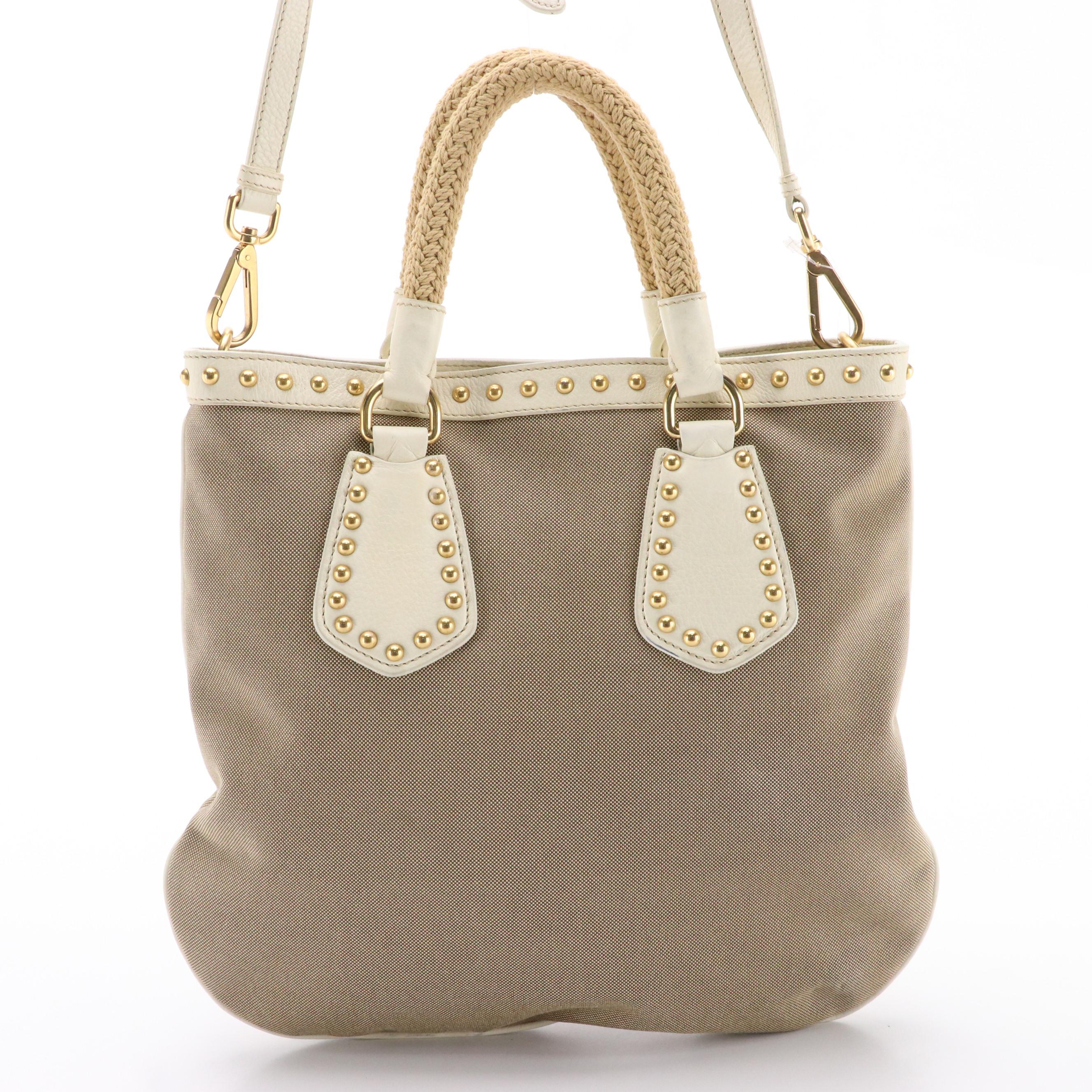 Prada Logo Canvas/Studded Leather Two-Way Bag
