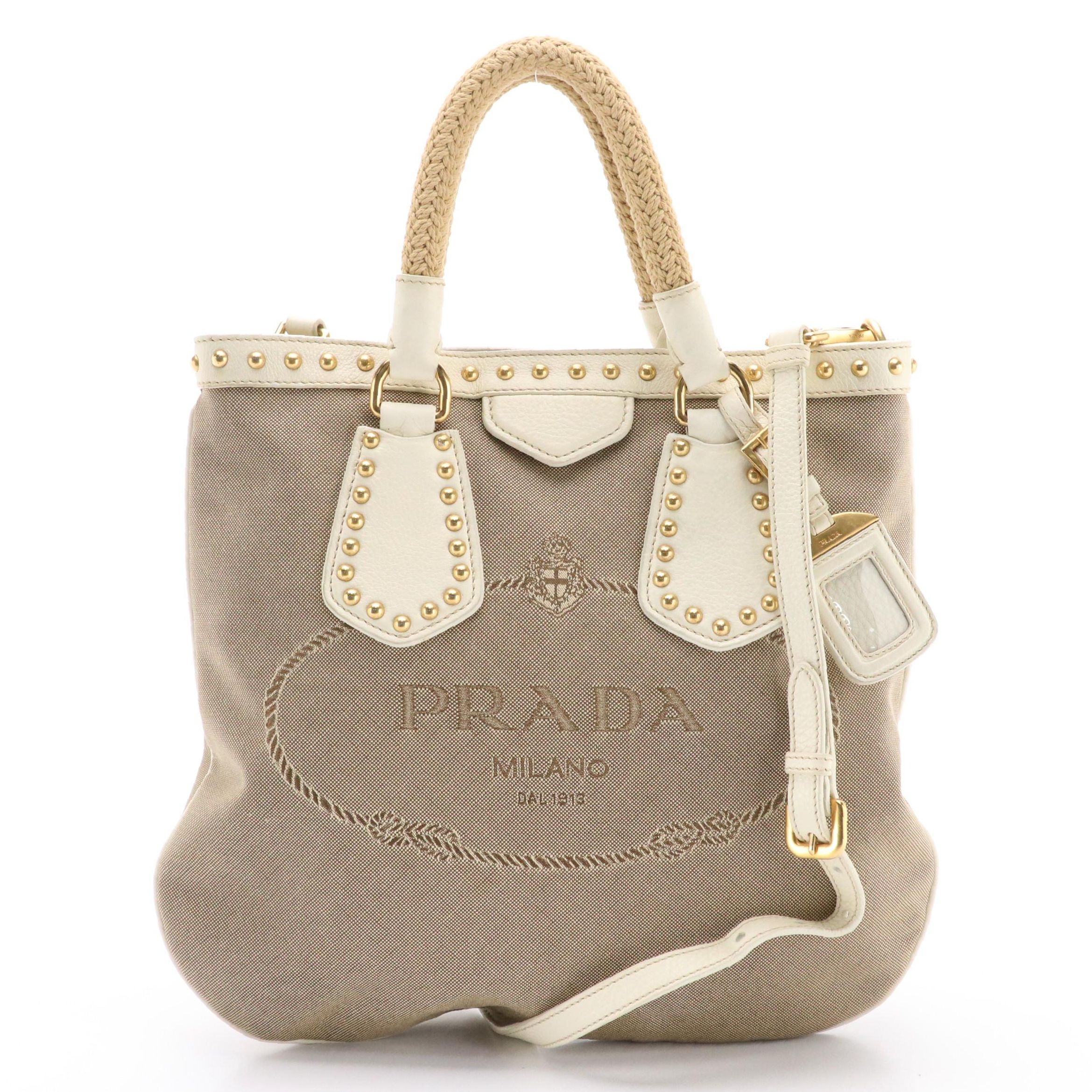 Prada Logo Canvas/Studded Leather Two-Way Bag