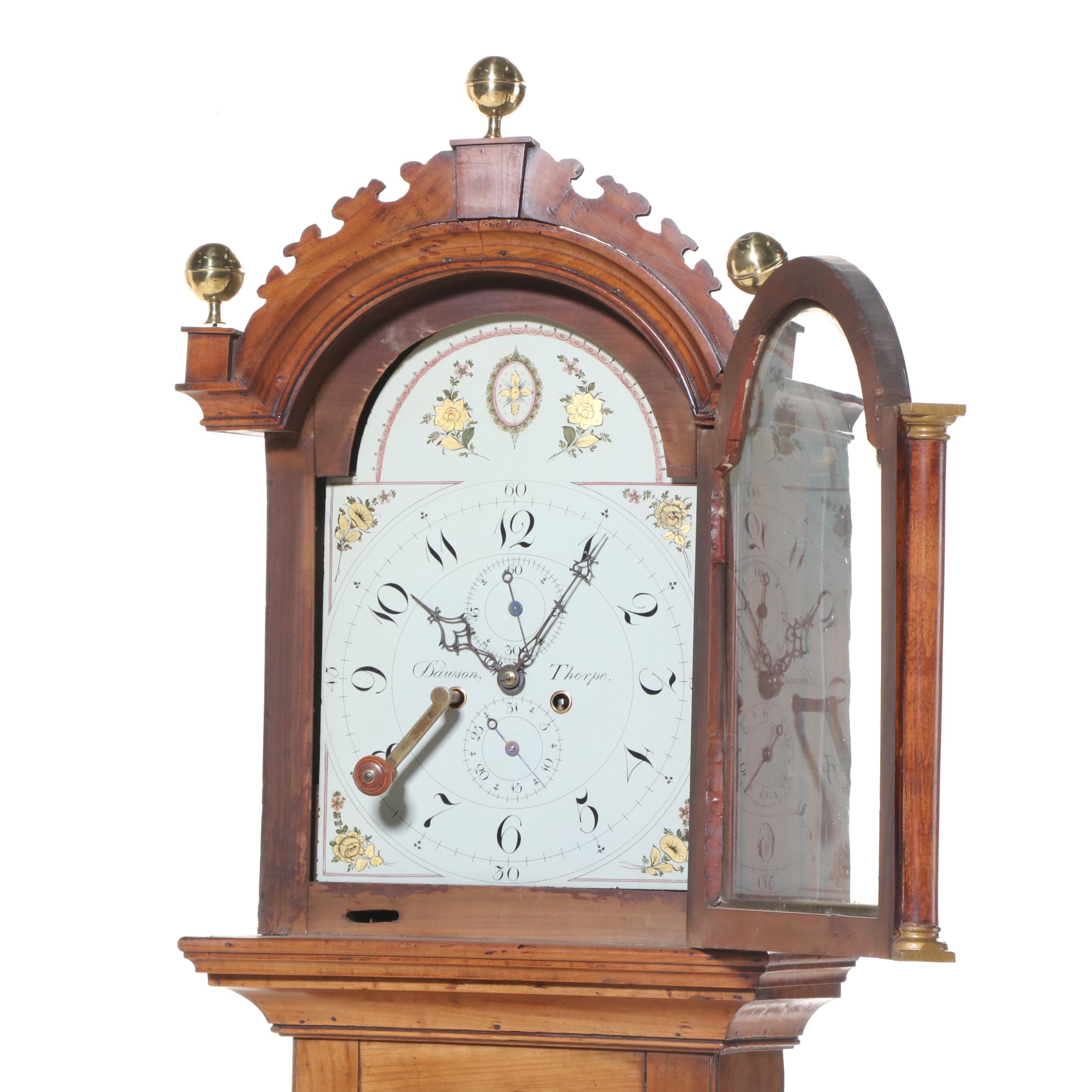 Dawson Thorpe Maple Grandfather Clock with Restored Face, 18th Century
