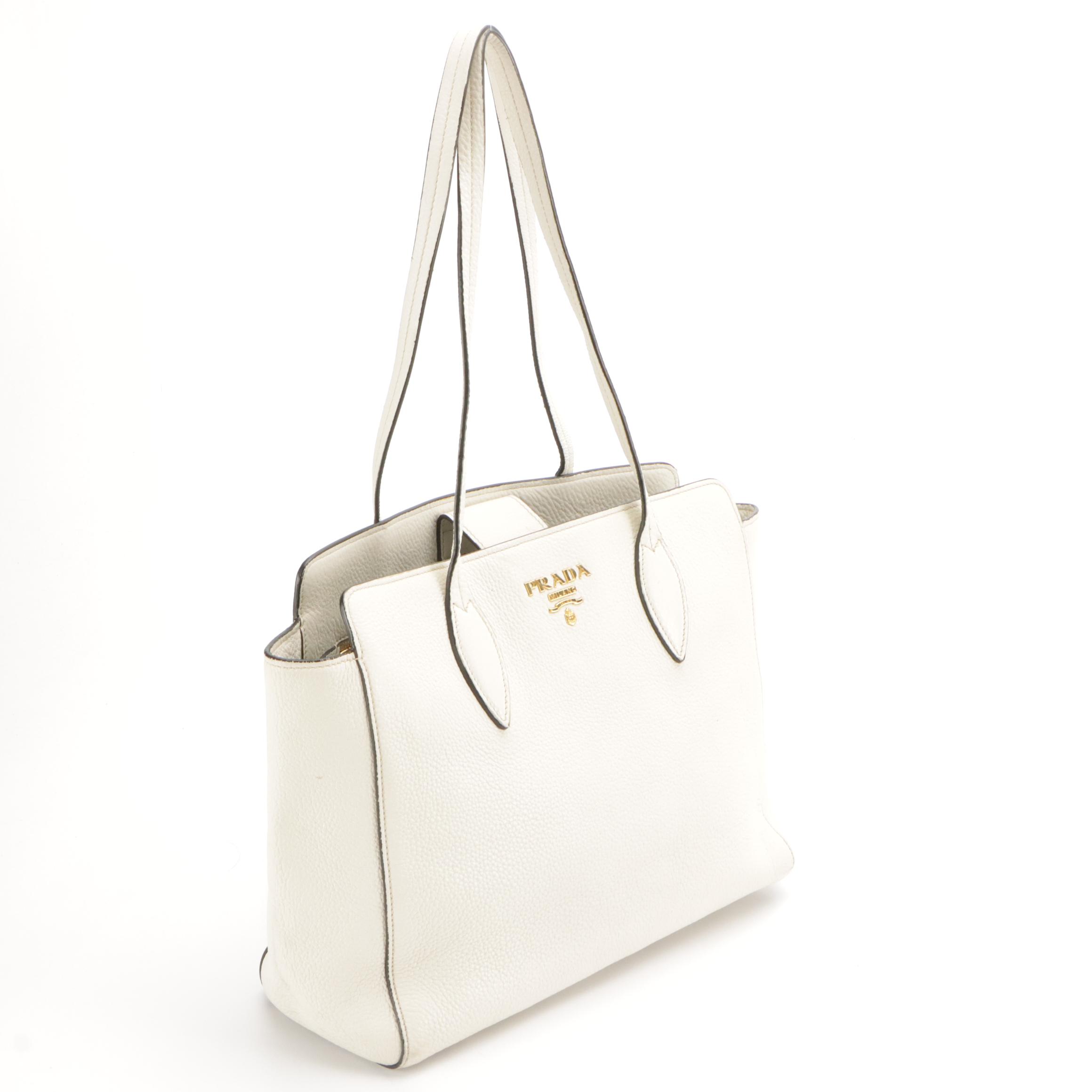 Prada White Grained Leather Shoulder Tote