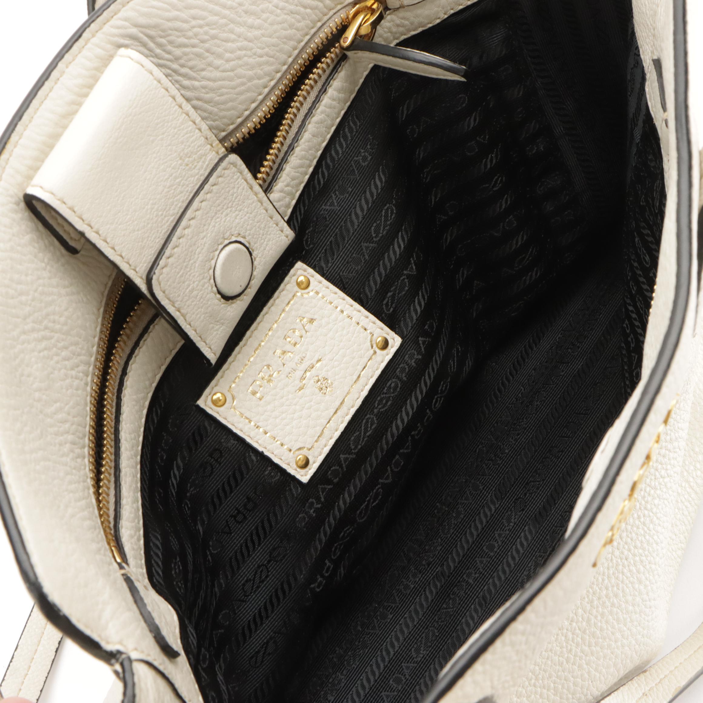 Prada White Grained Leather Shoulder Tote