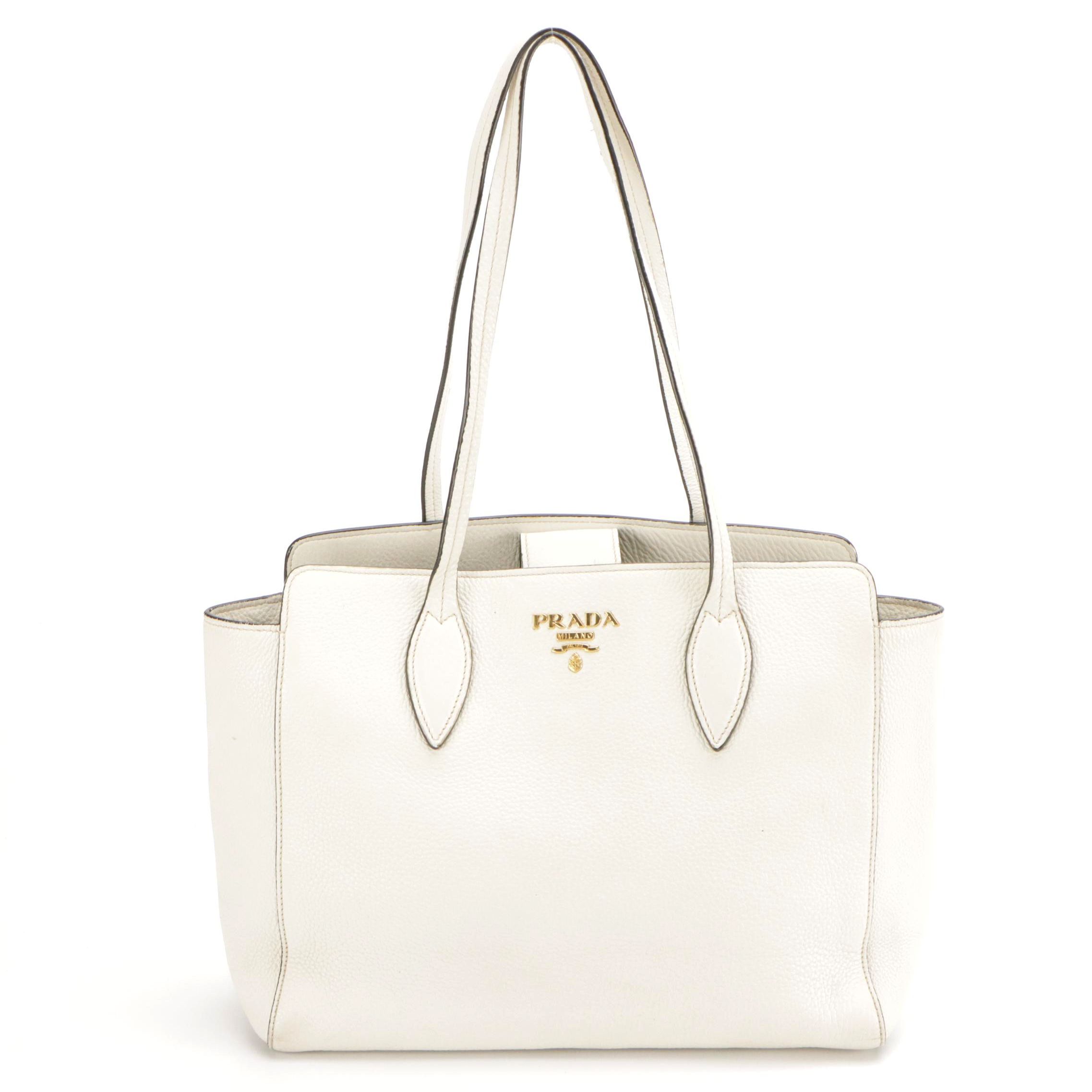 Prada White Grained Leather Shoulder Tote