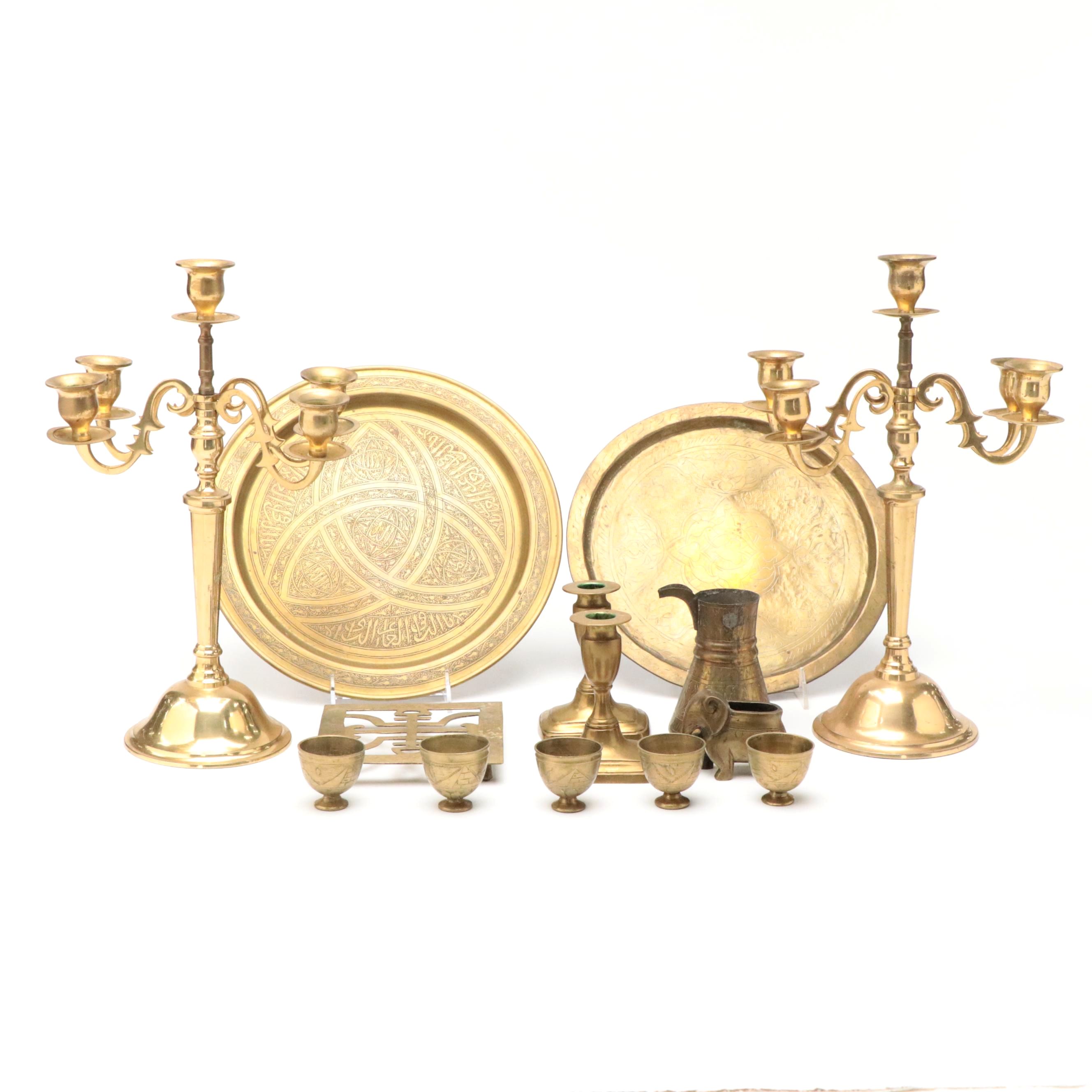 Brass Candelabra with Turkish Coffee Pot, Trays and Trivets, More