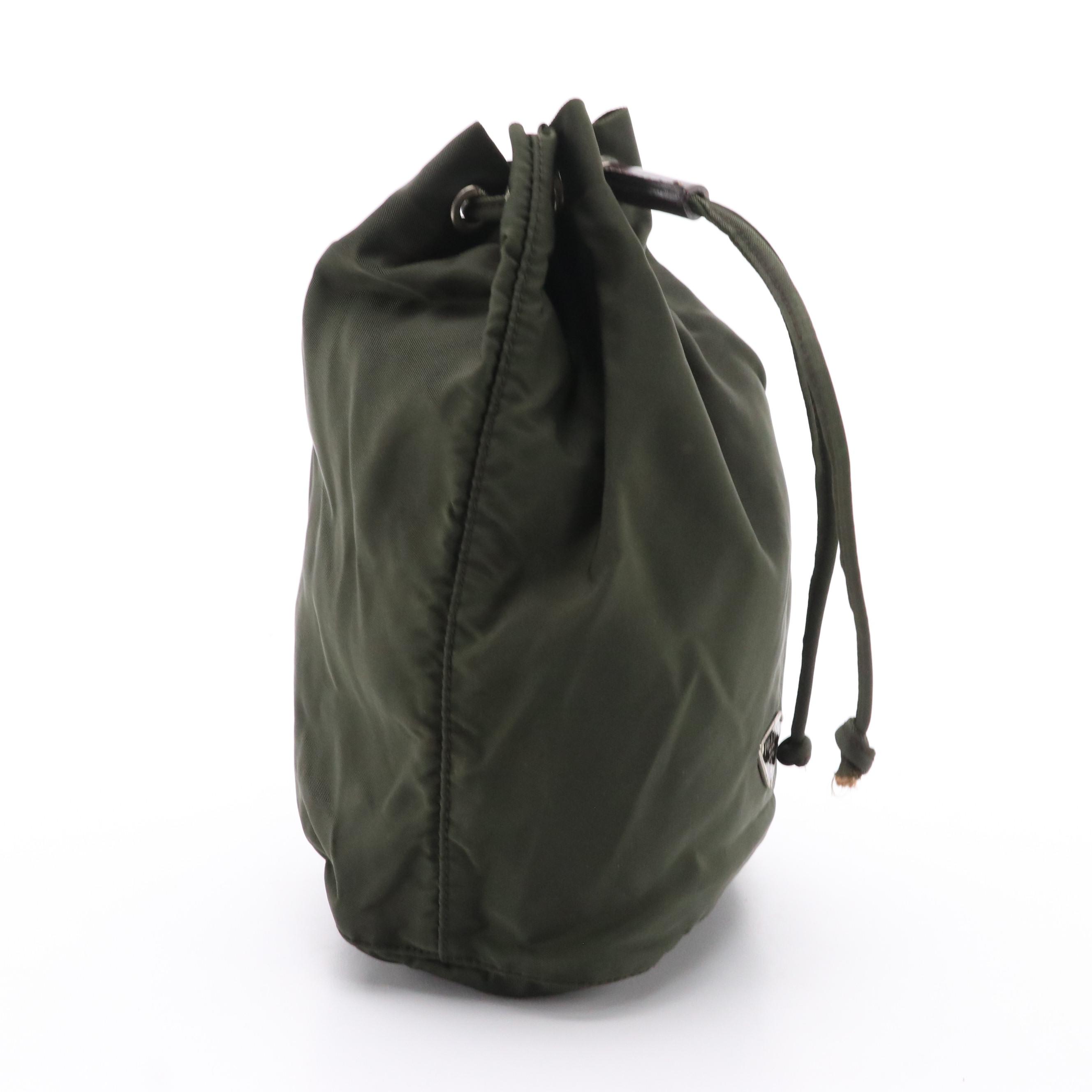 Prada Drawstring Pouch in Nylon with Brown Leather Trim