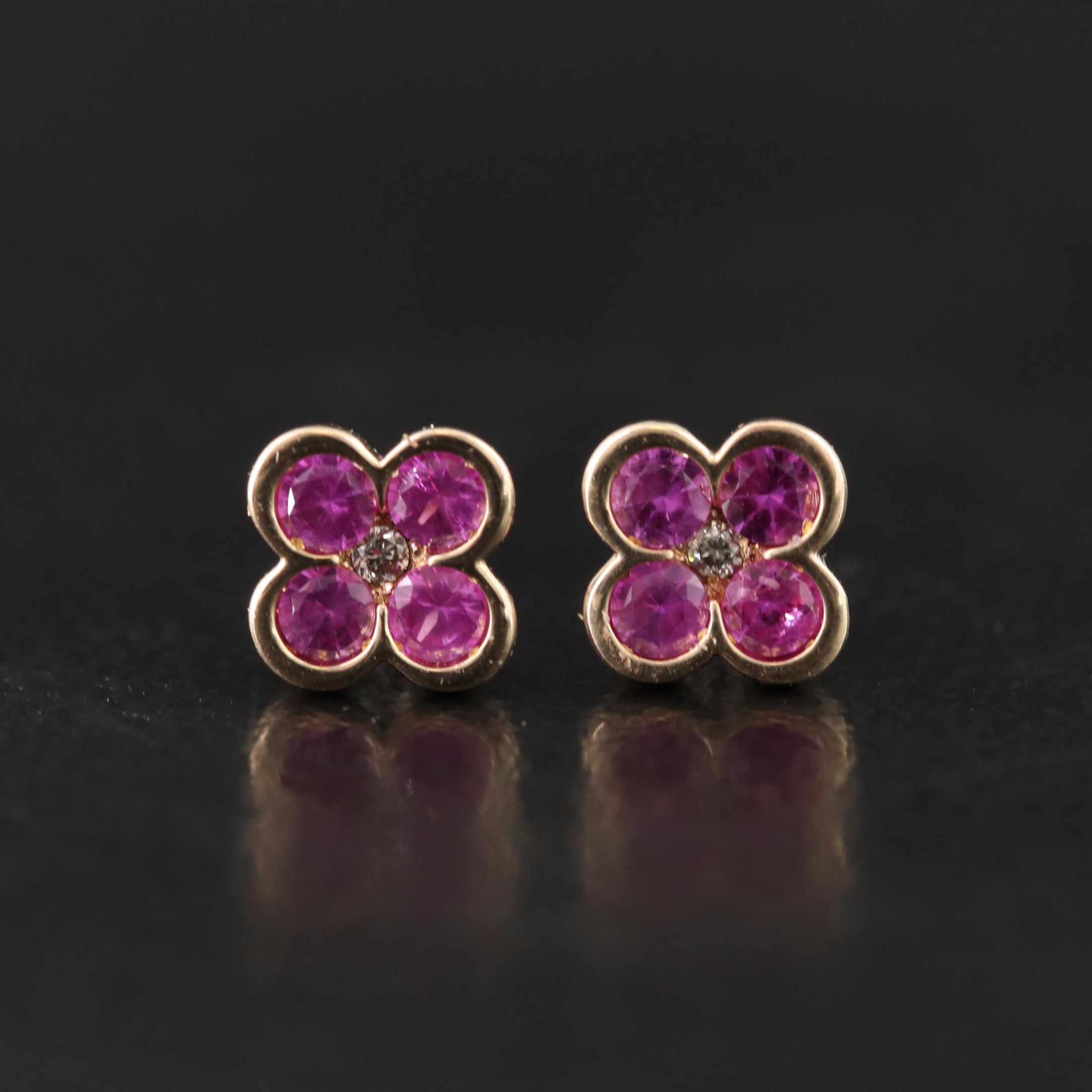 10K Ruby and Diamond Quatrefoil Stud Earrings