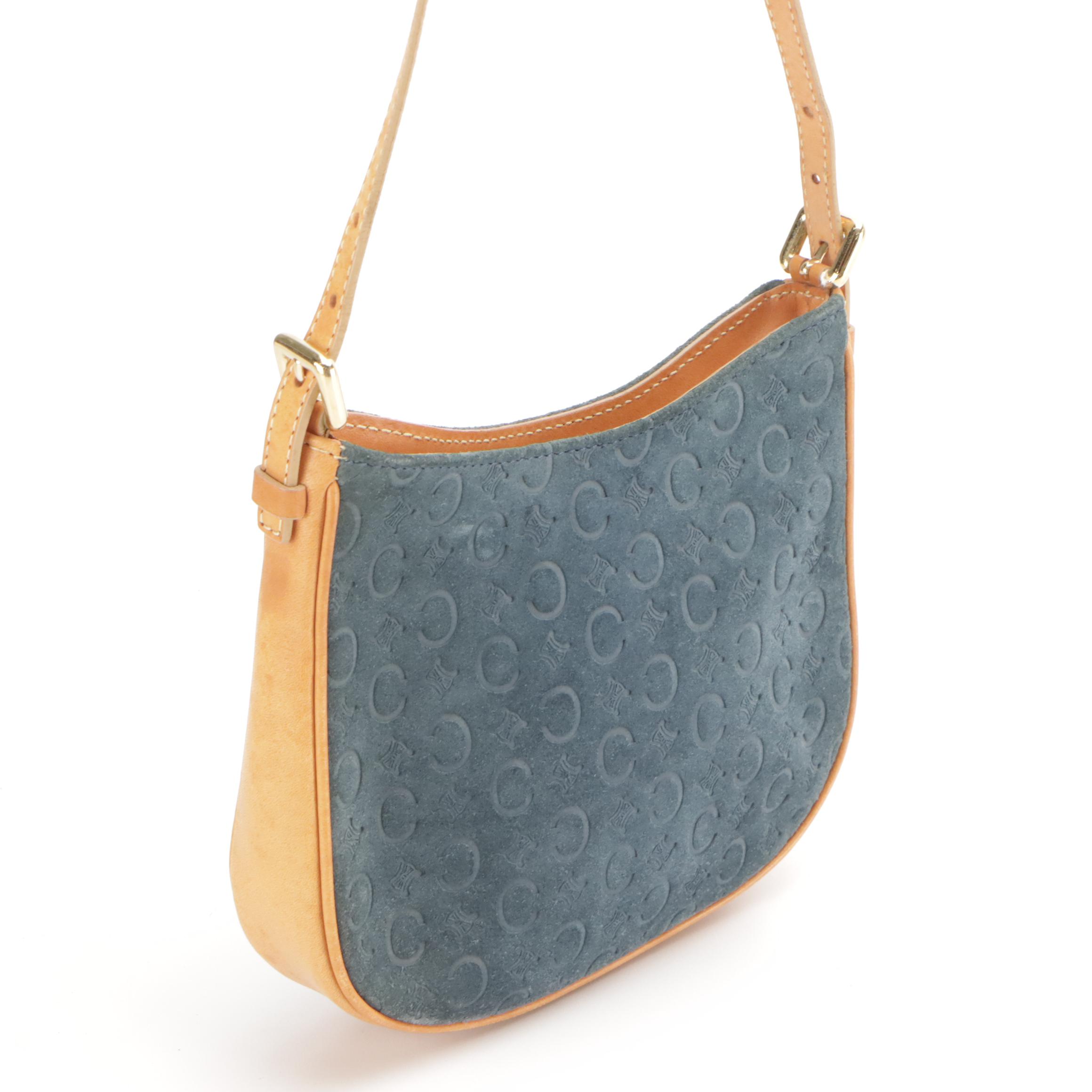Celine Small Shoulder Bag in C Monogram Blue Suede with Leather Trim