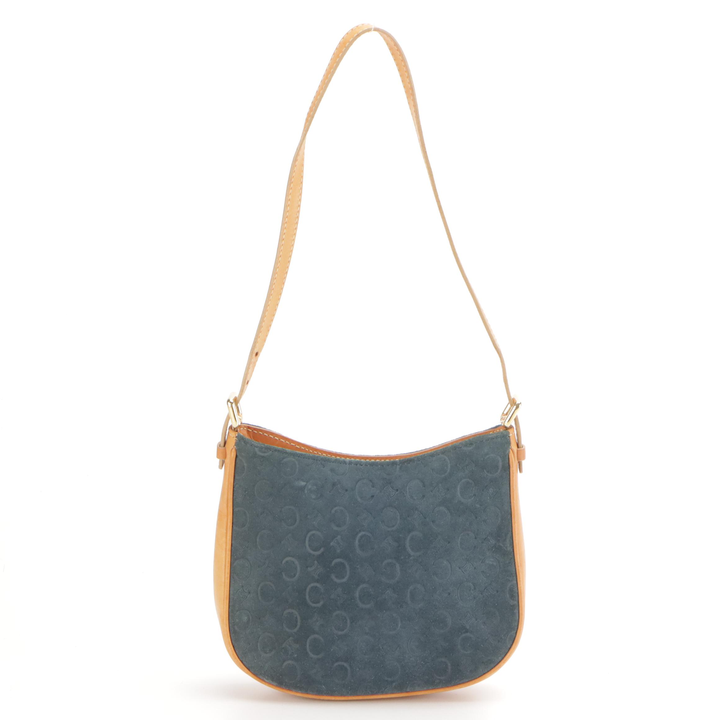 Celine Small Shoulder Bag in C Monogram Blue Suede with Leather Trim