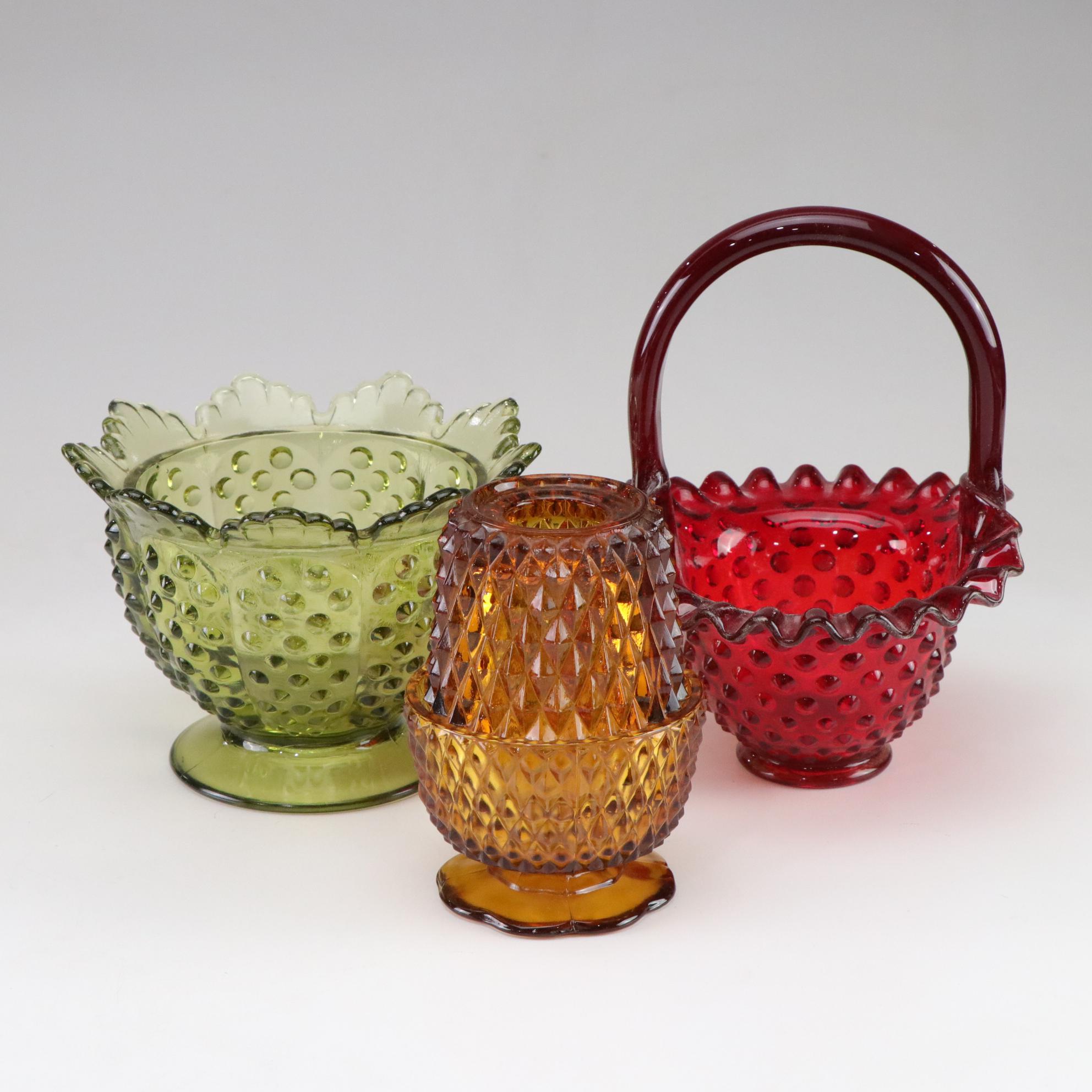 Fenton Hobnail Basket and Footed Bowl and Indiana Glass Diamond Point Fairy Lamp