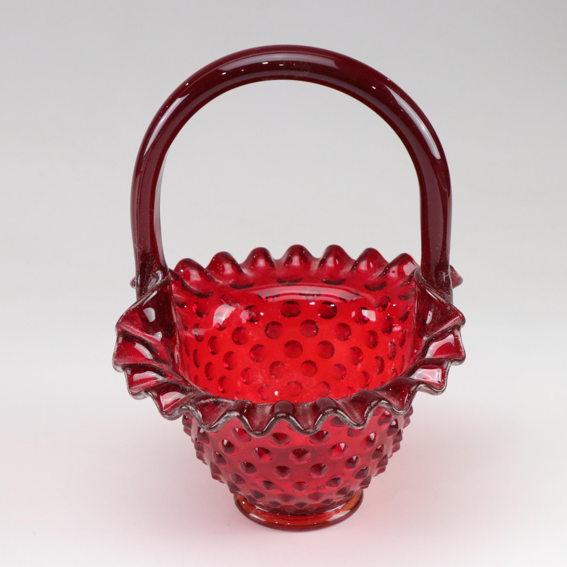 Fenton Hobnail Basket and Footed Bowl and Indiana Glass Diamond Point Fairy Lamp