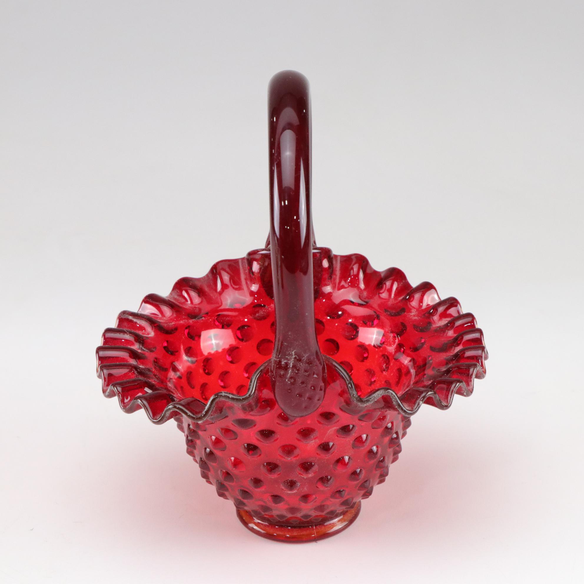 Fenton Hobnail Basket and Footed Bowl and Indiana Glass Diamond Point Fairy Lamp