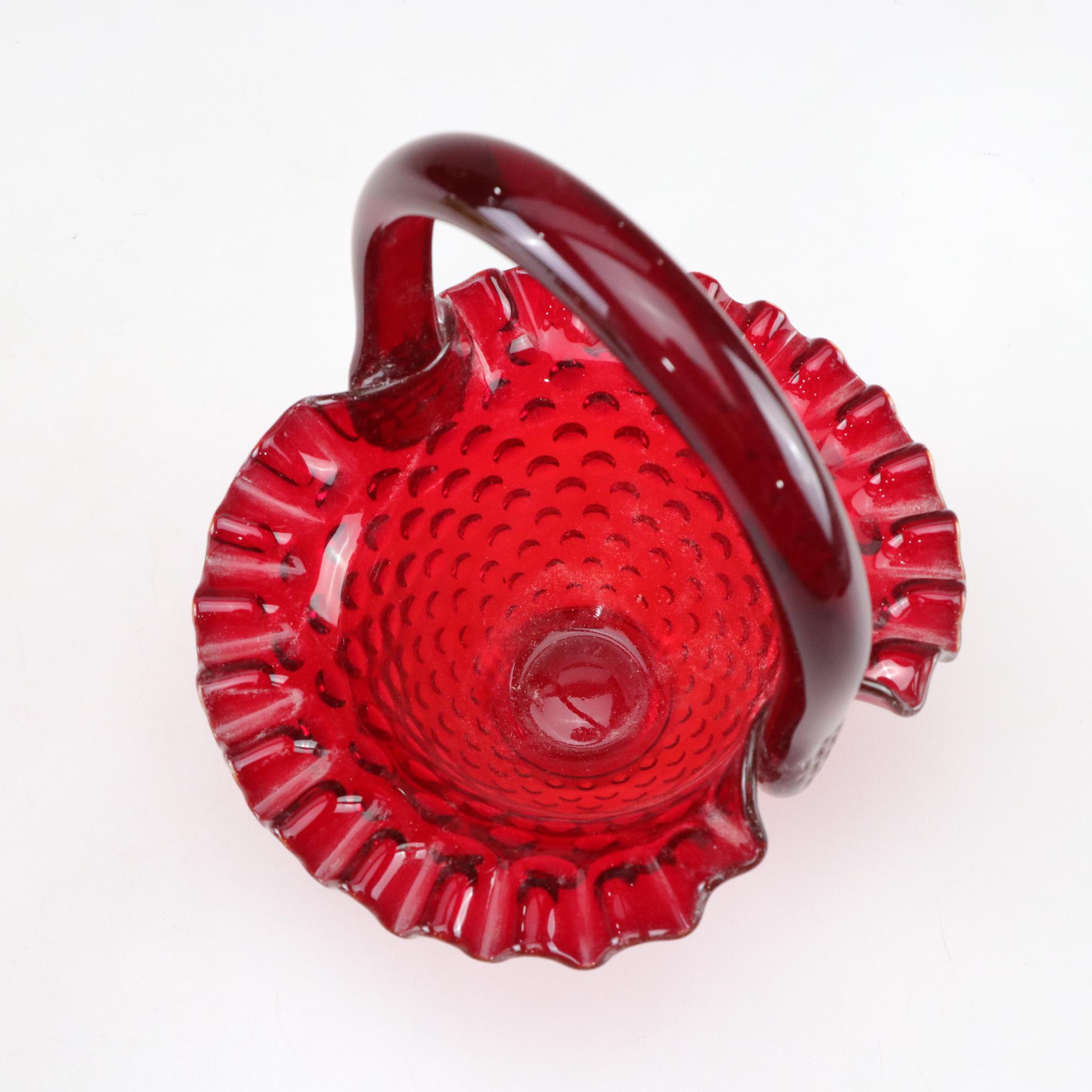 Fenton Hobnail Basket and Footed Bowl and Indiana Glass Diamond Point Fairy Lamp