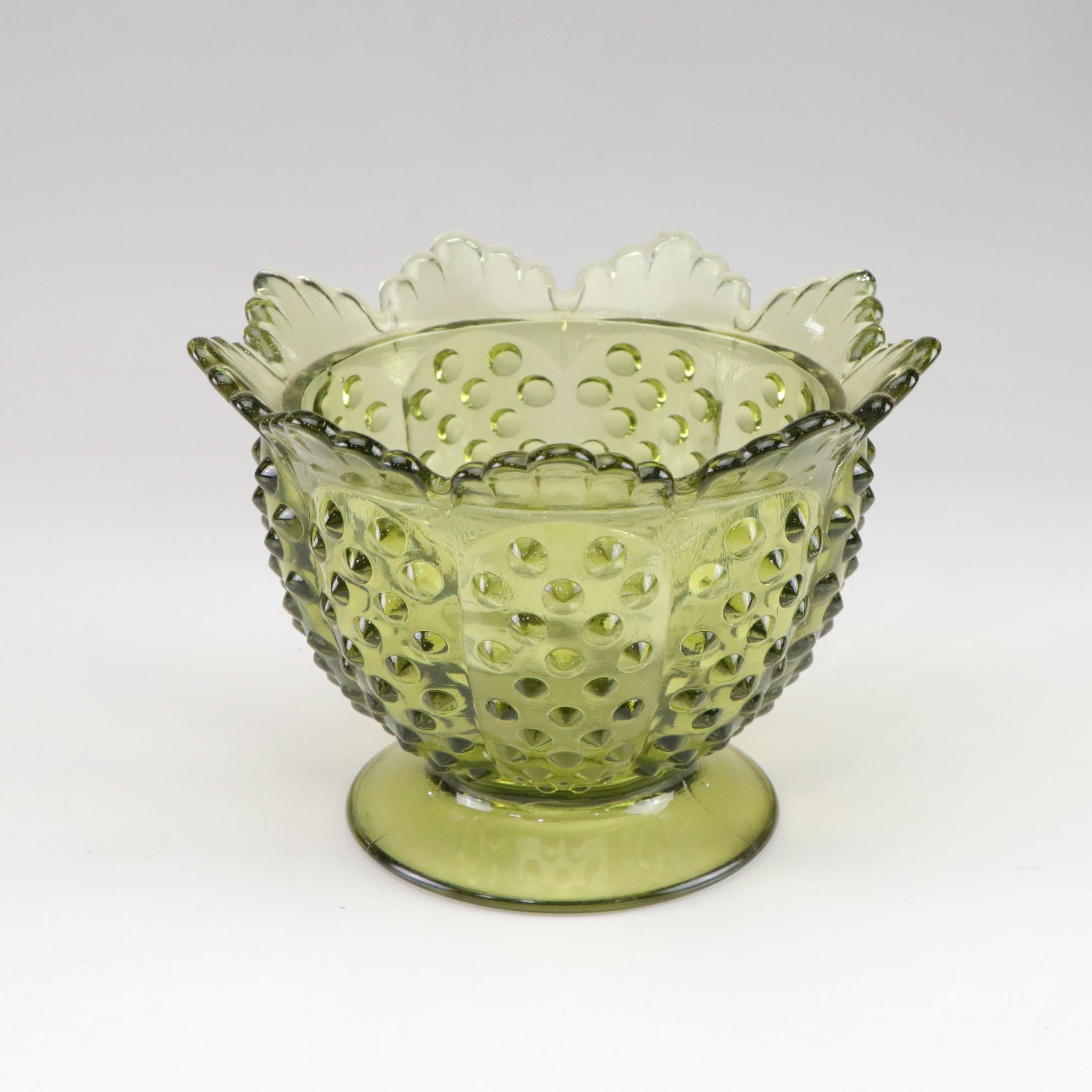 Fenton Hobnail Basket and Footed Bowl and Indiana Glass Diamond Point Fairy Lamp