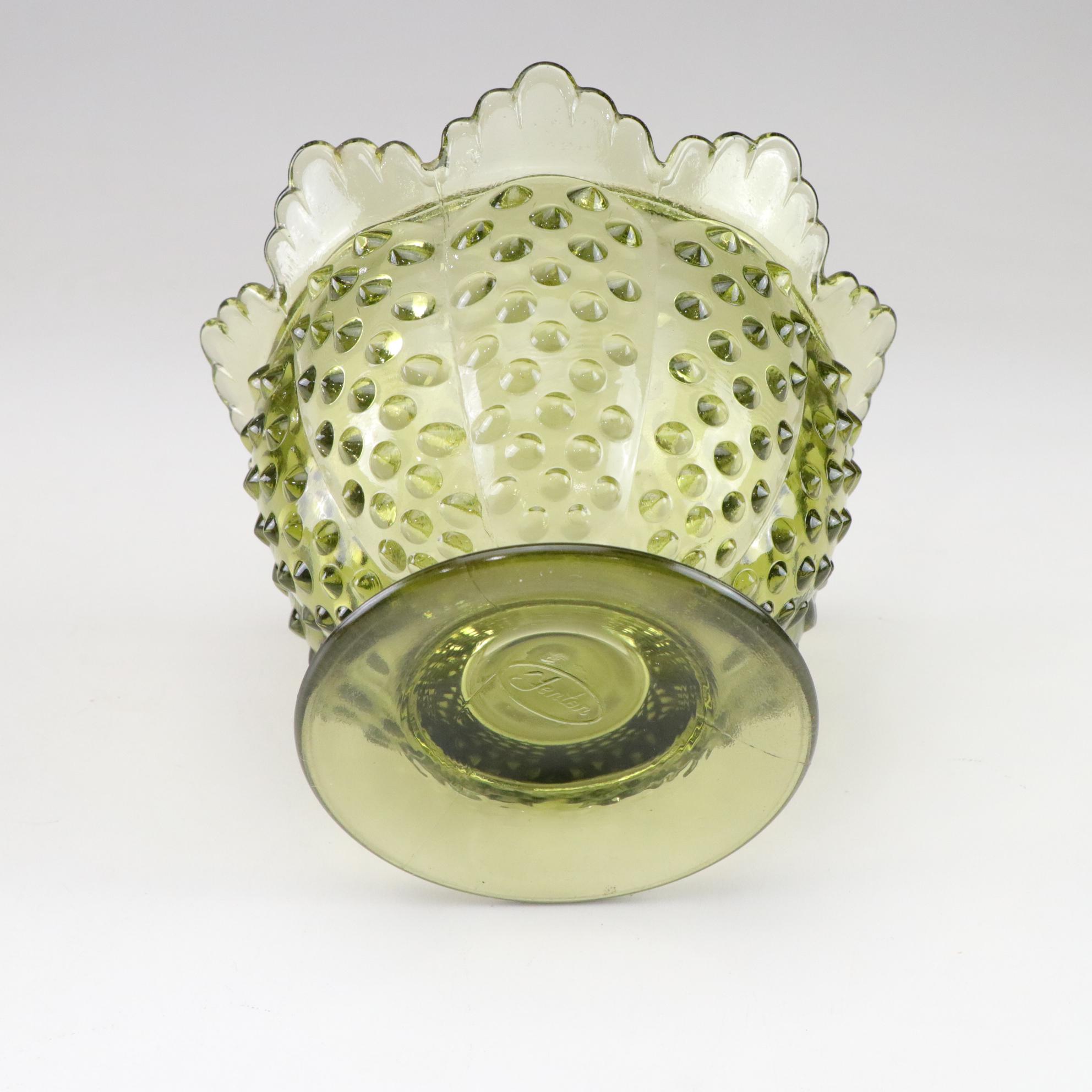 Fenton Hobnail Basket and Footed Bowl and Indiana Glass Diamond Point Fairy Lamp