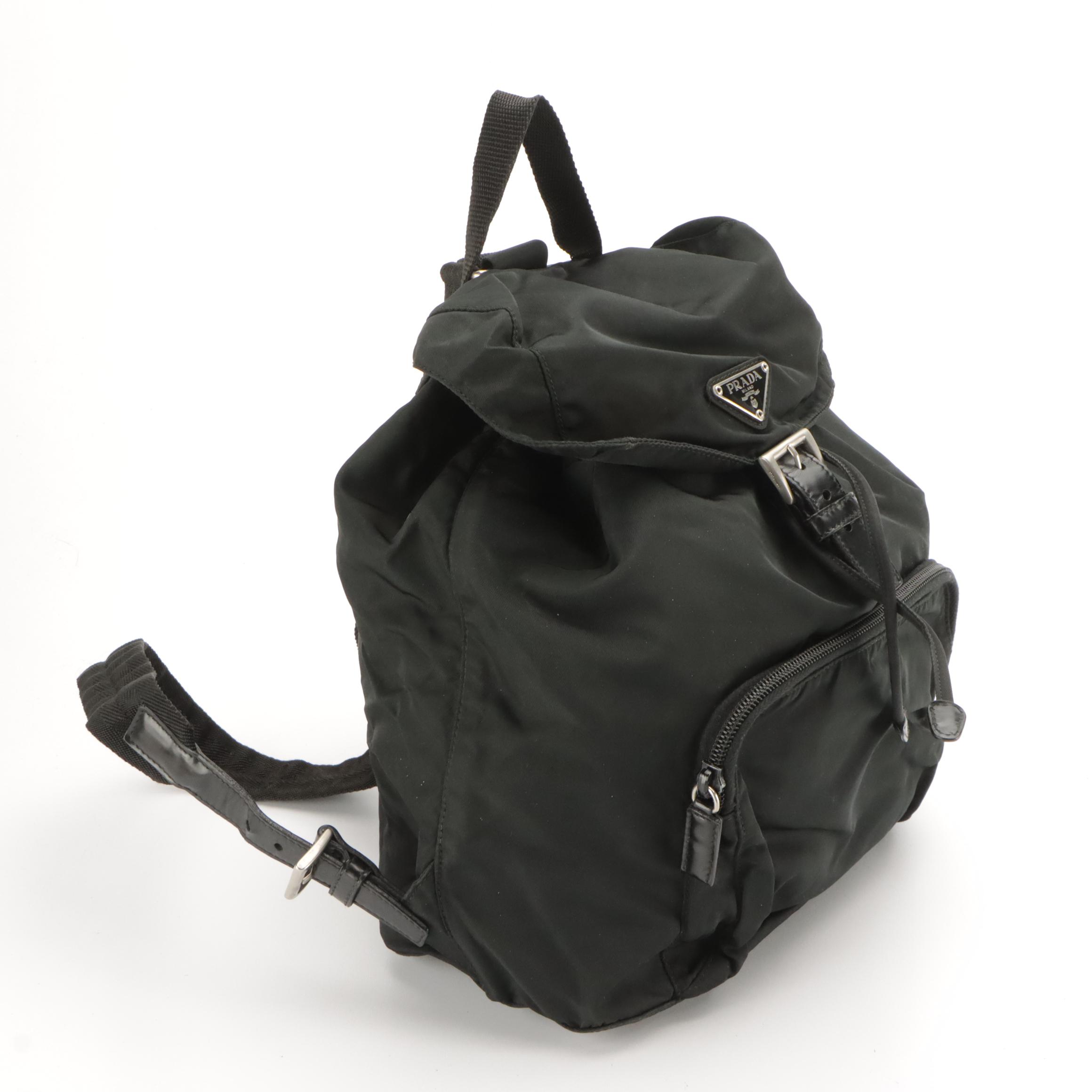 Prada Front Pocket Drawstring Backpack Bag in Nylon and Glazed Leather