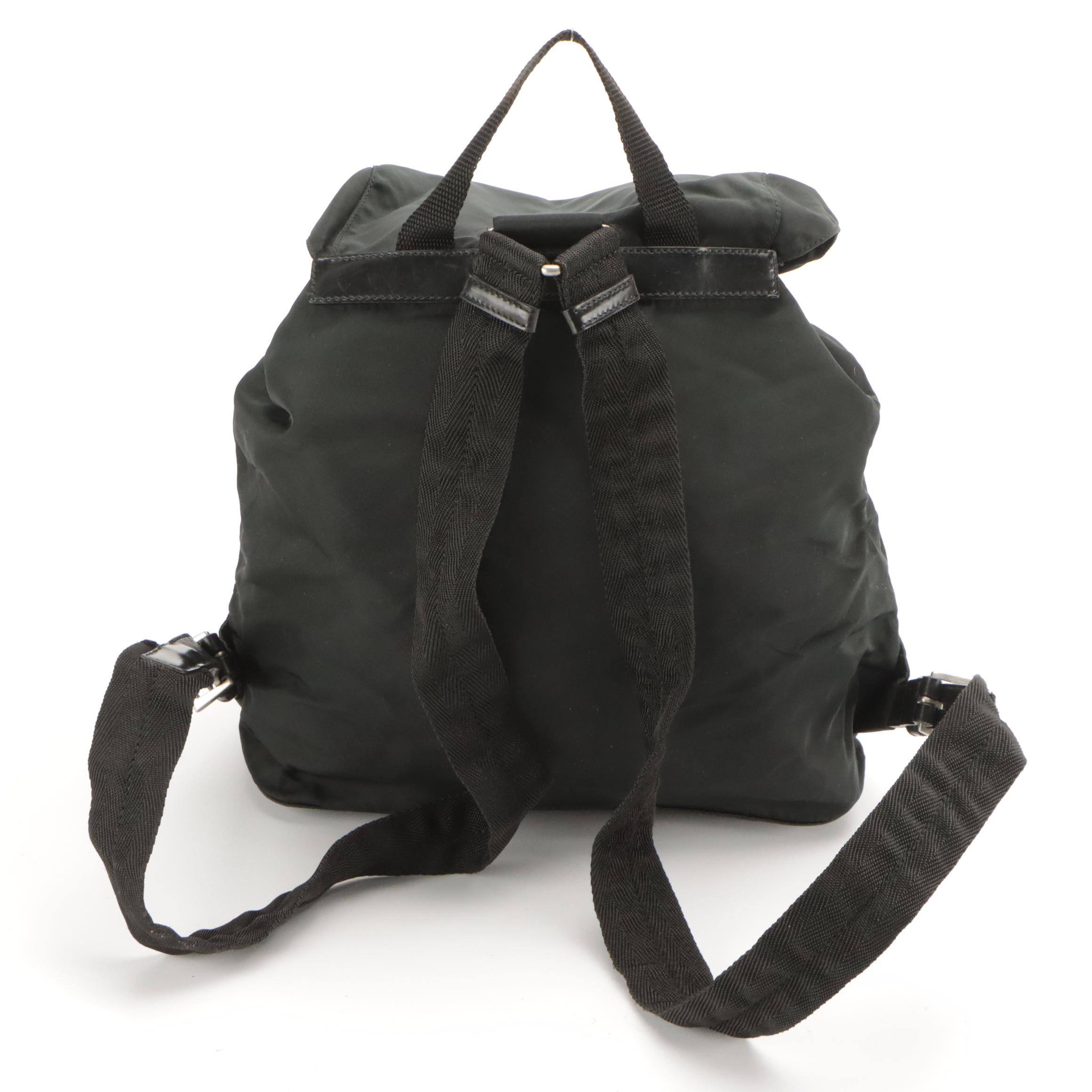 Prada Front Pocket Drawstring Backpack Bag in Nylon and Glazed Leather