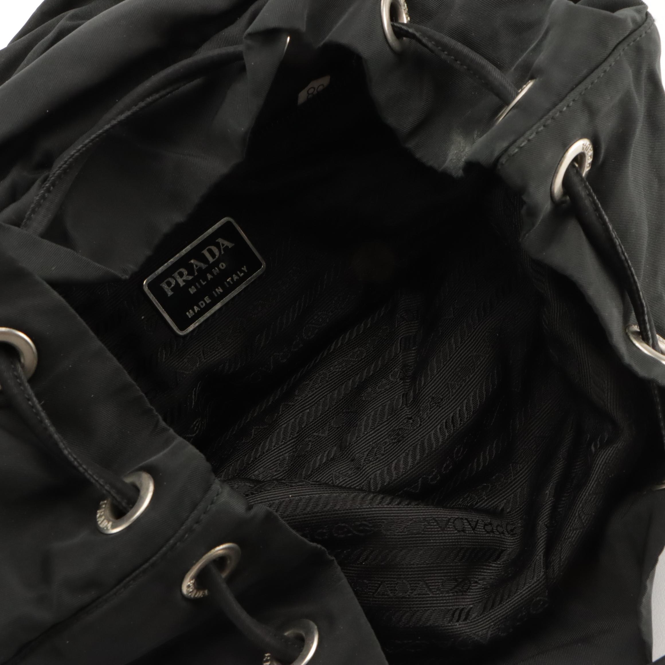 Prada Front Pocket Drawstring Backpack Bag in Nylon and Glazed Leather