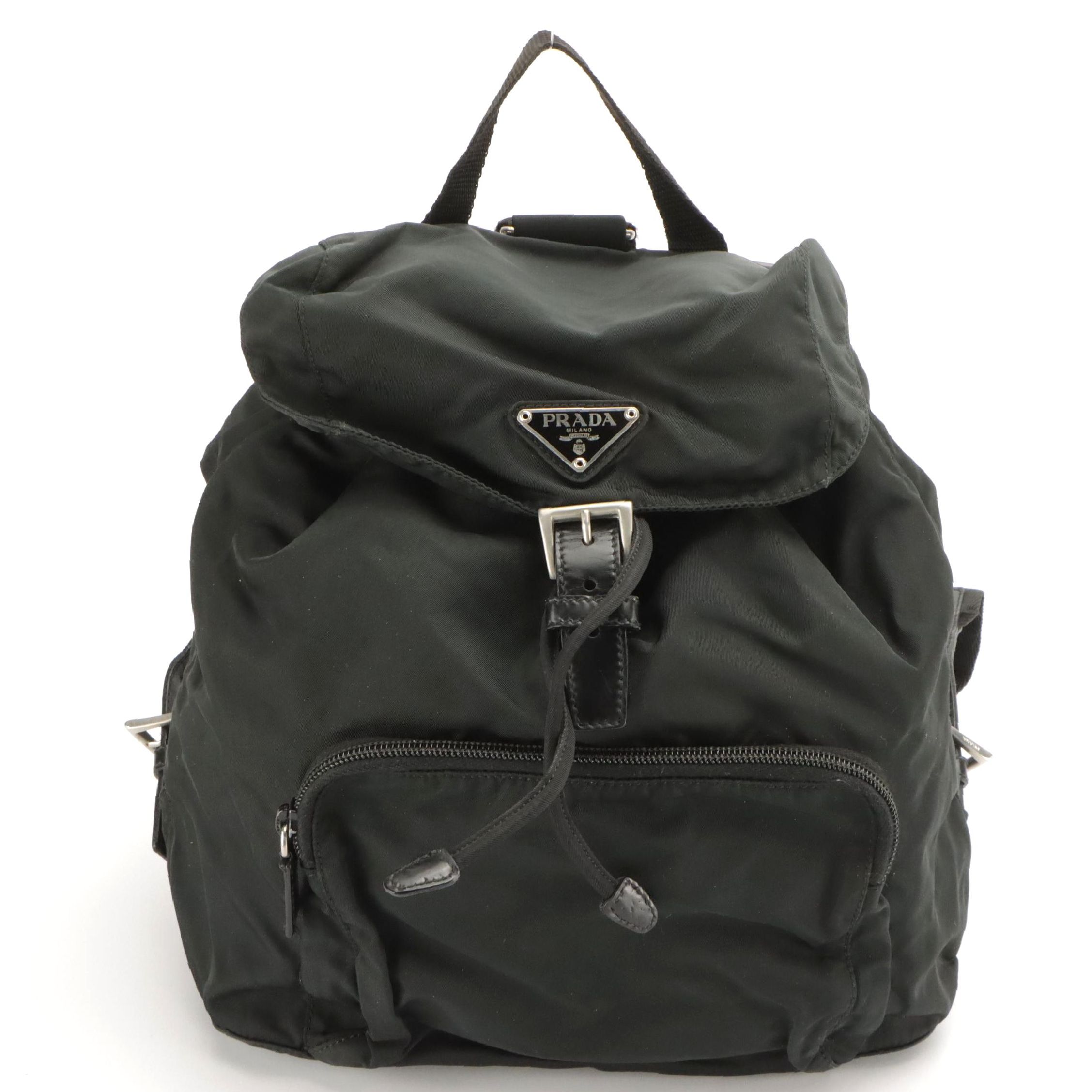Prada Front Pocket Drawstring Backpack Bag in Nylon and Glazed Leather