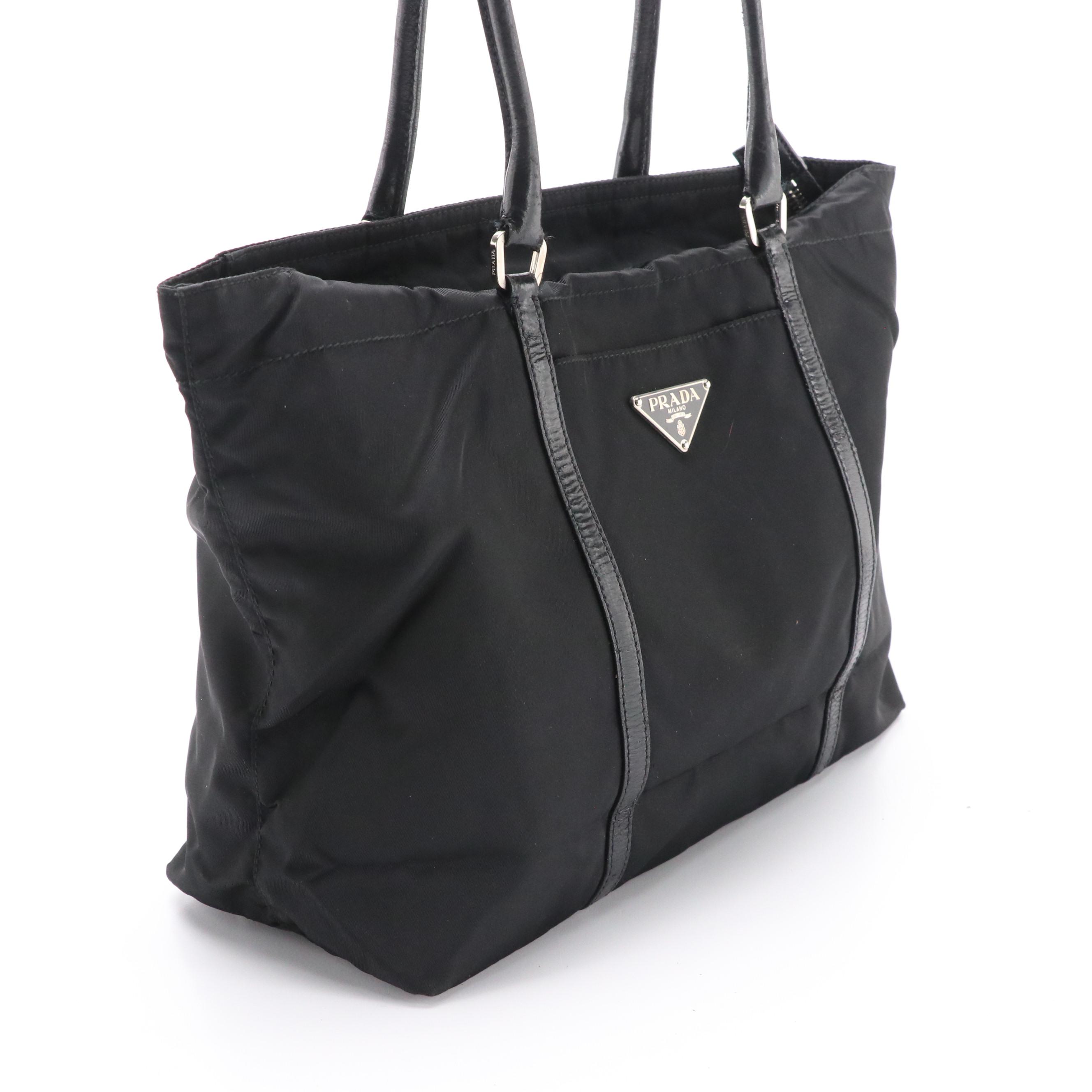Prada Black Leather-Trimmed Tessuto Nylon Shoulder Tote