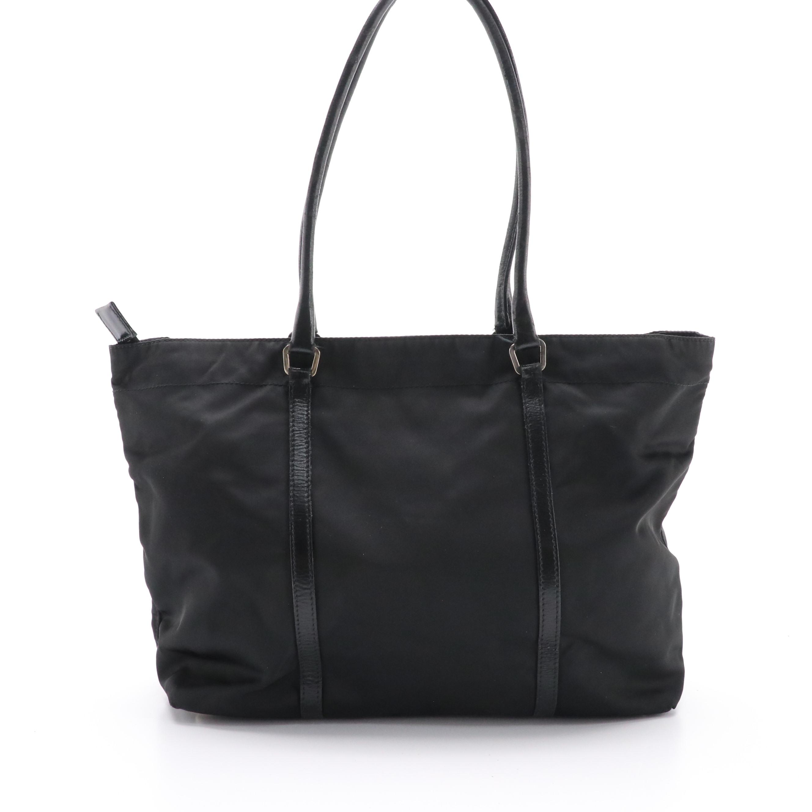 Prada Black Leather-Trimmed Tessuto Nylon Shoulder Tote