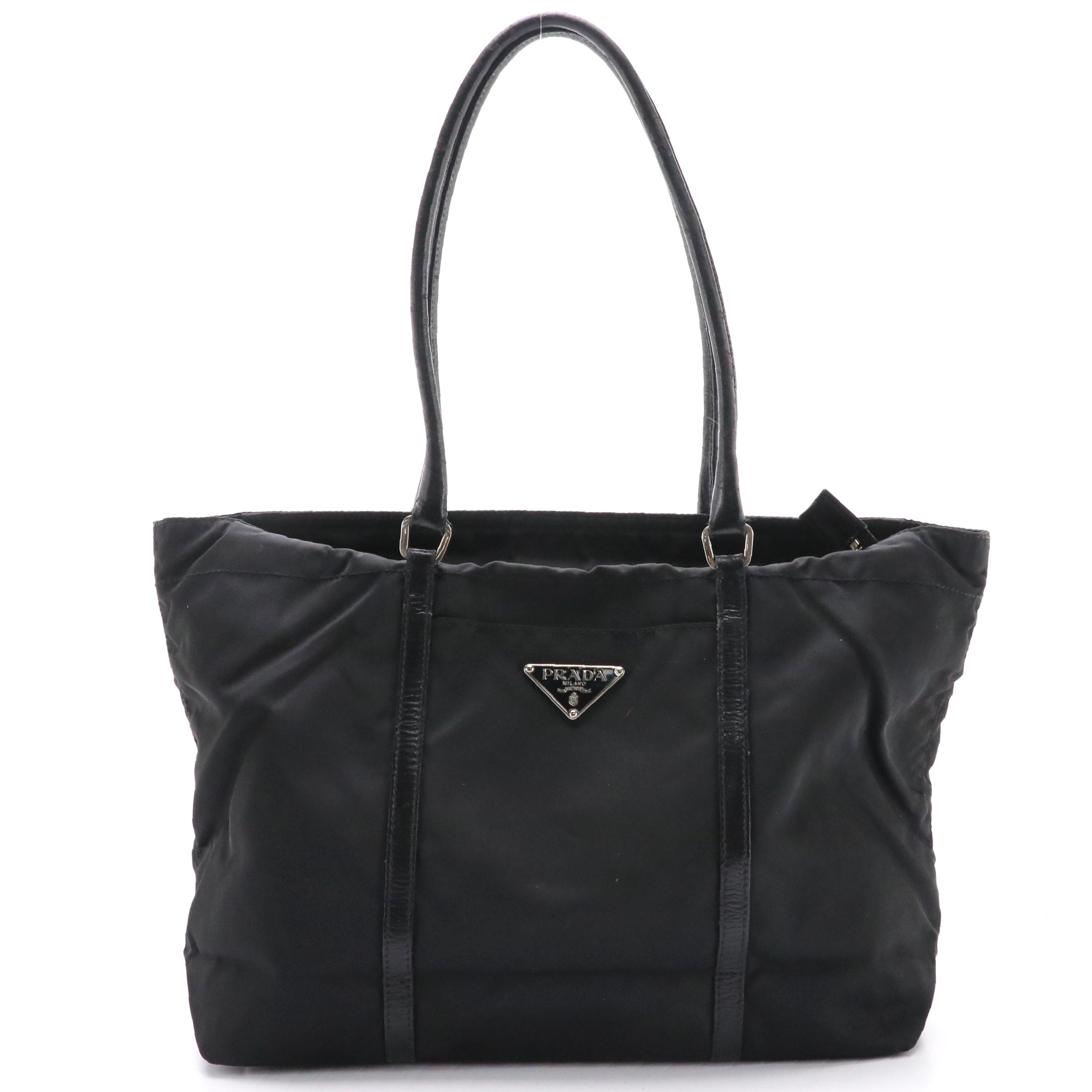 Prada Black Leather-Trimmed Tessuto Nylon Shoulder Tote