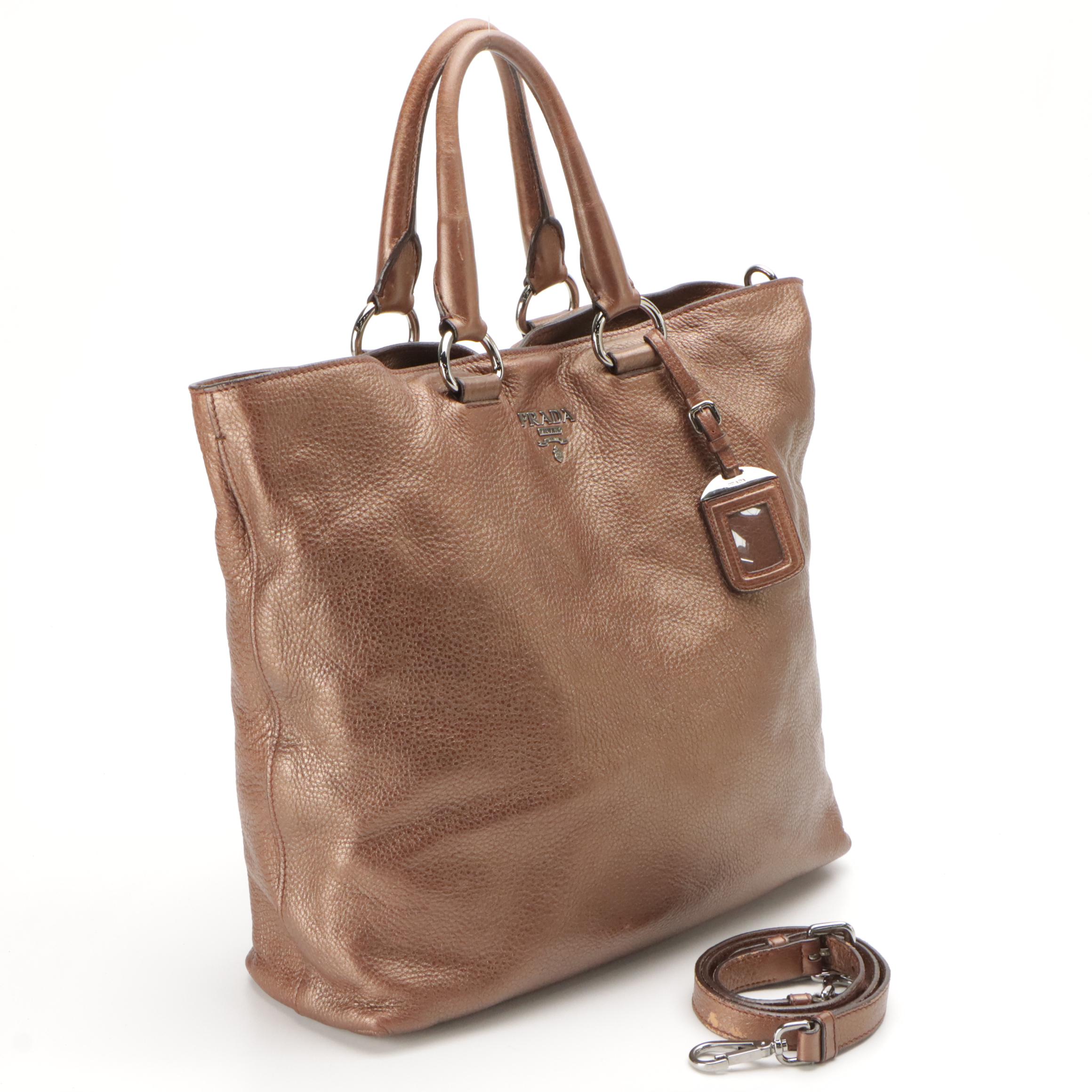 Prada Metallic Bronze Grained Leather Two-Way Hobo Tote Bag