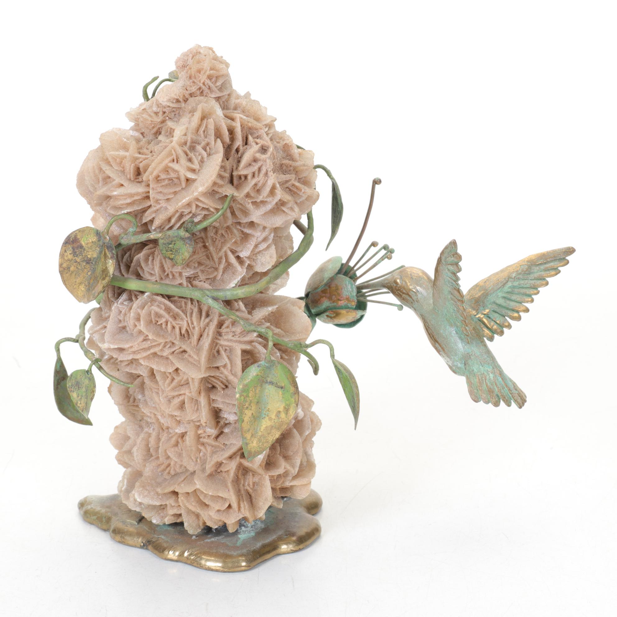 Norbert Roessler Patina Bronze Hummingbird on Twisted Vine & Desert Rose Cluster