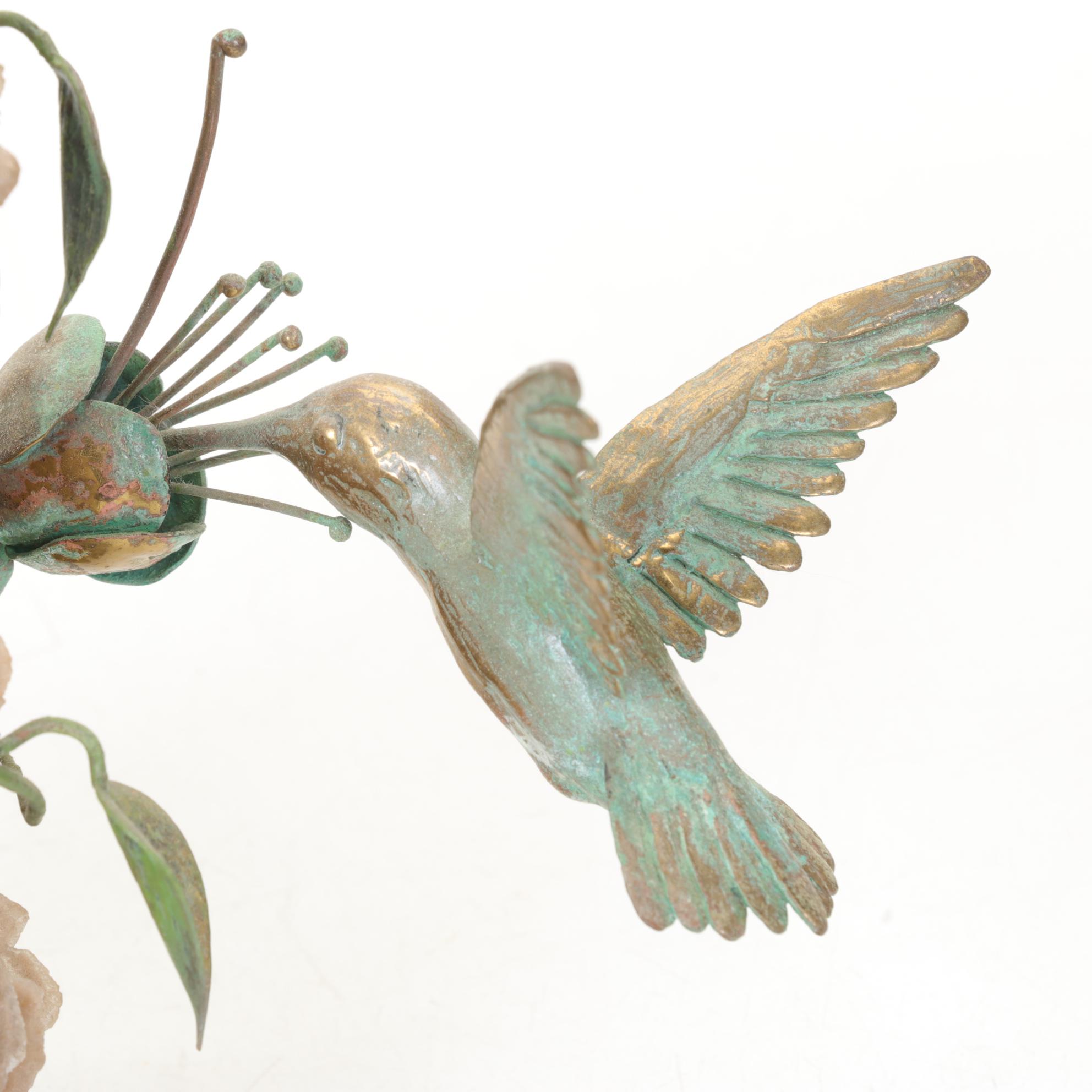 Norbert Roessler Patina Bronze Hummingbird on Twisted Vine & Desert Rose Cluster