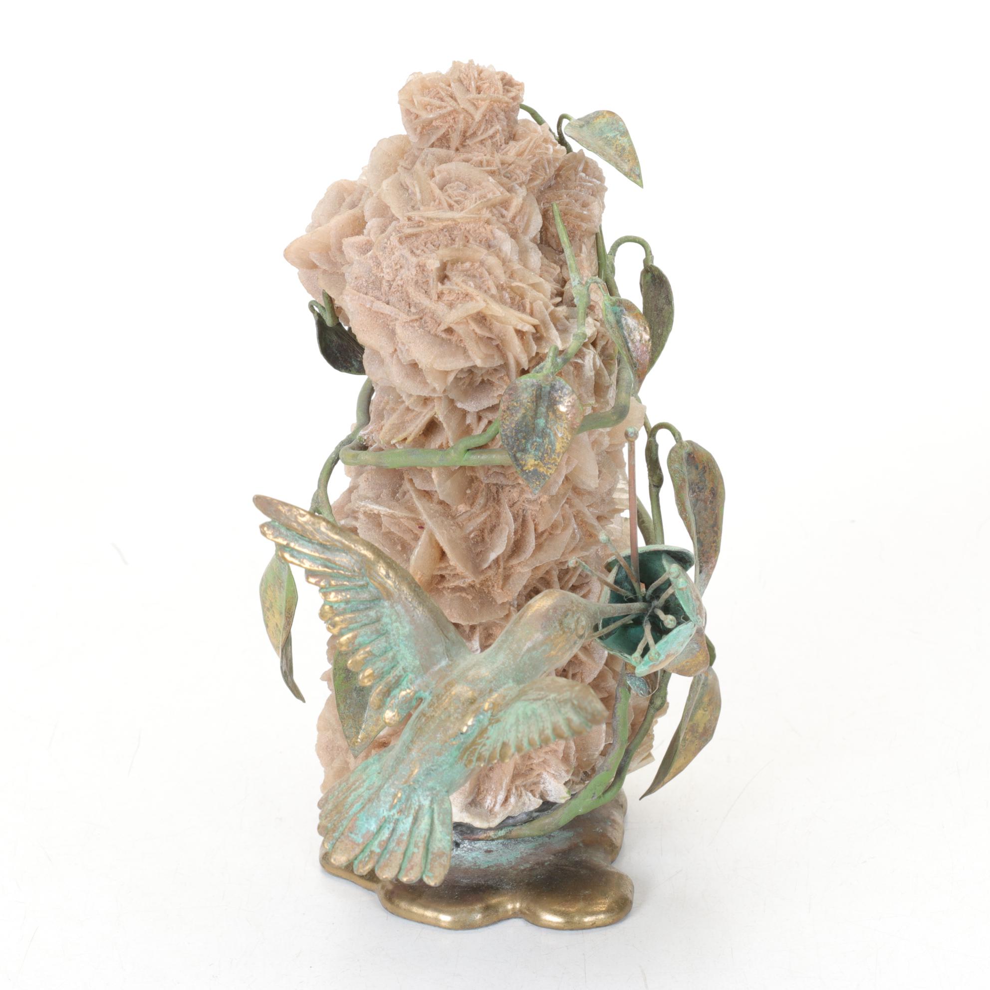 Norbert Roessler Patina Bronze Hummingbird on Twisted Vine & Desert Rose Cluster