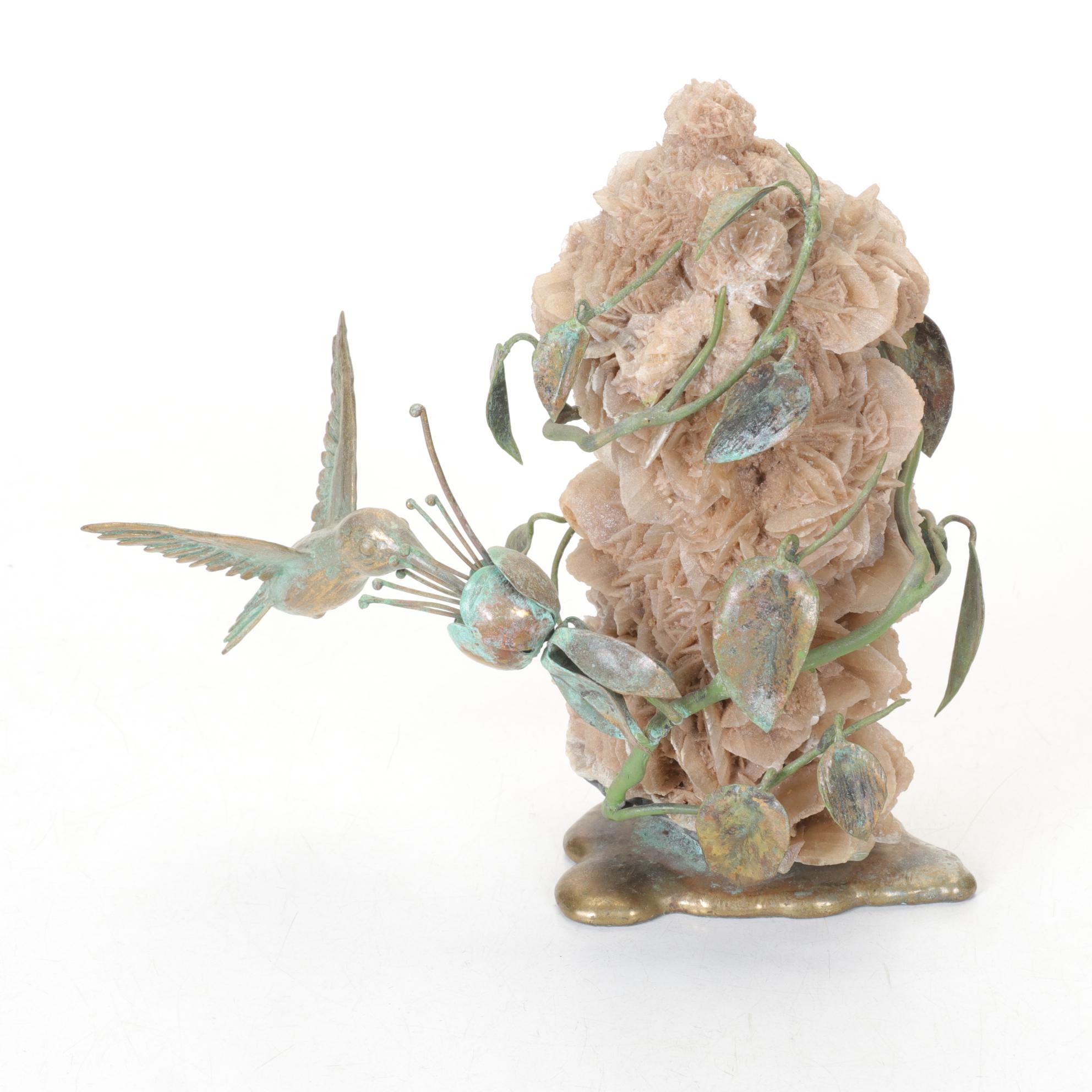 Norbert Roessler Patina Bronze Hummingbird on Twisted Vine & Desert Rose Cluster