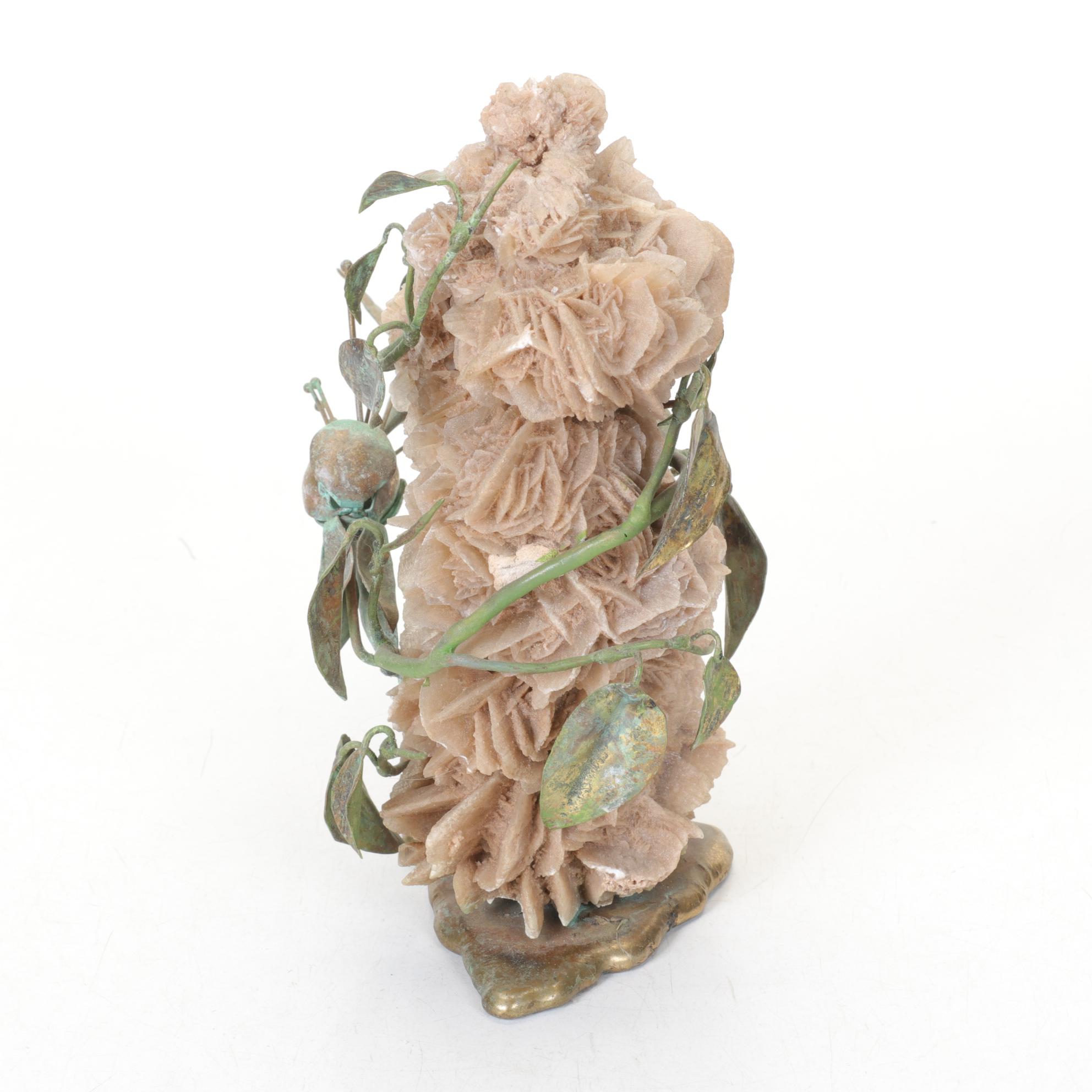 Norbert Roessler Patina Bronze Hummingbird on Twisted Vine & Desert Rose Cluster