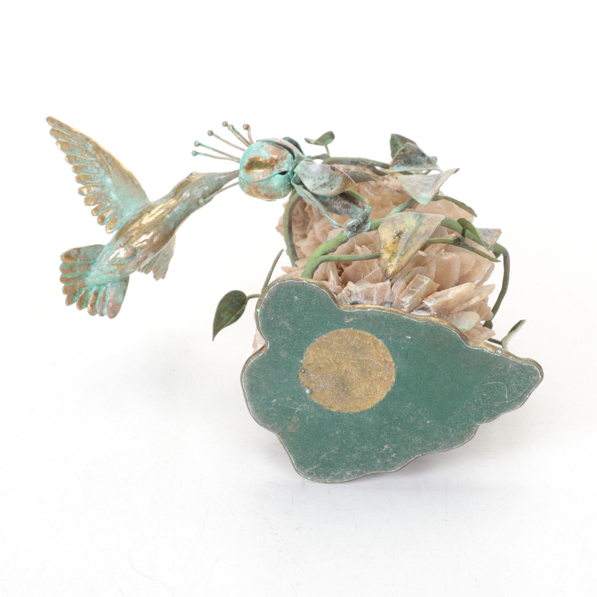 Norbert Roessler Patina Bronze Hummingbird on Twisted Vine & Desert Rose Cluster
