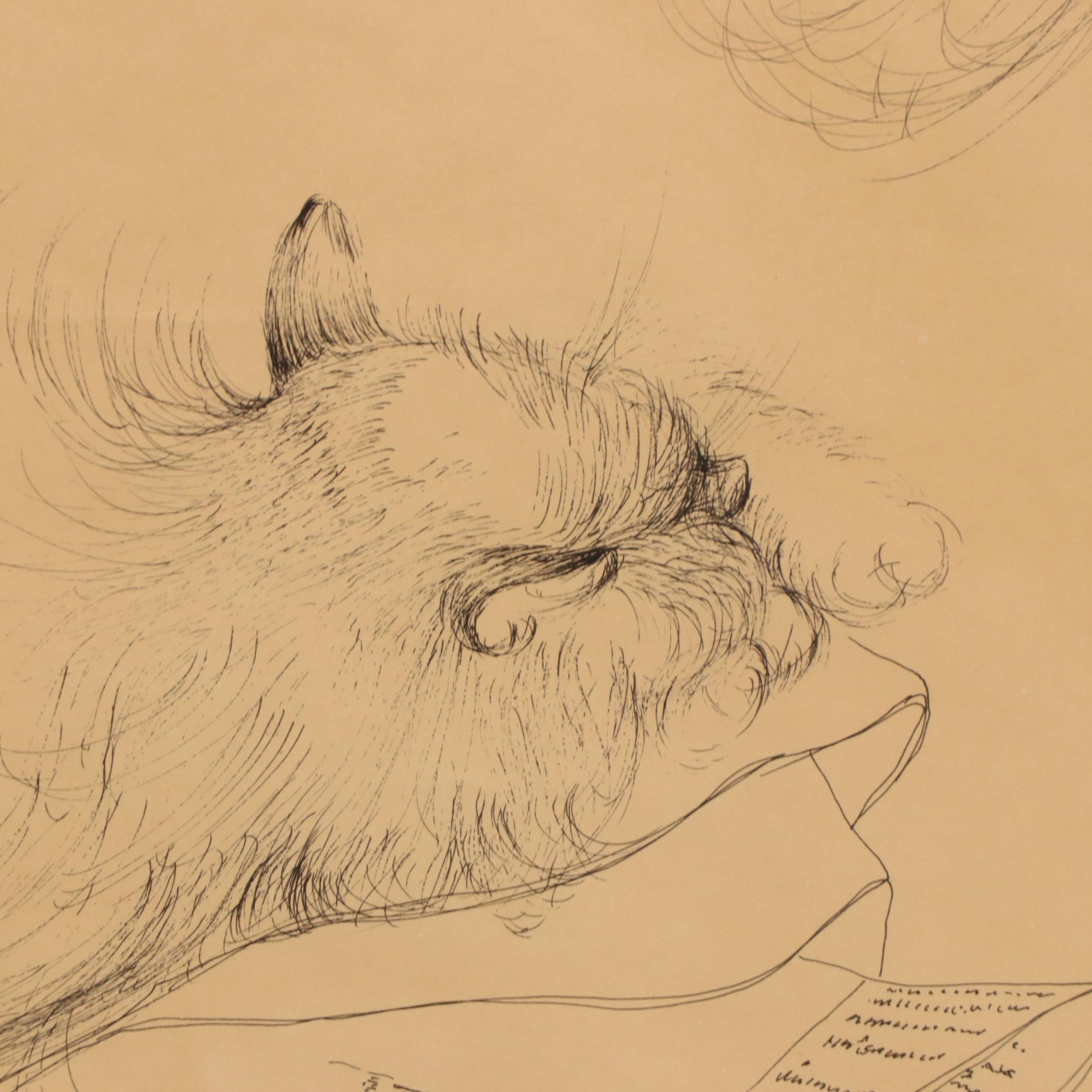 Piero Aversa Ink Drawing "The Literary Cat," 1962