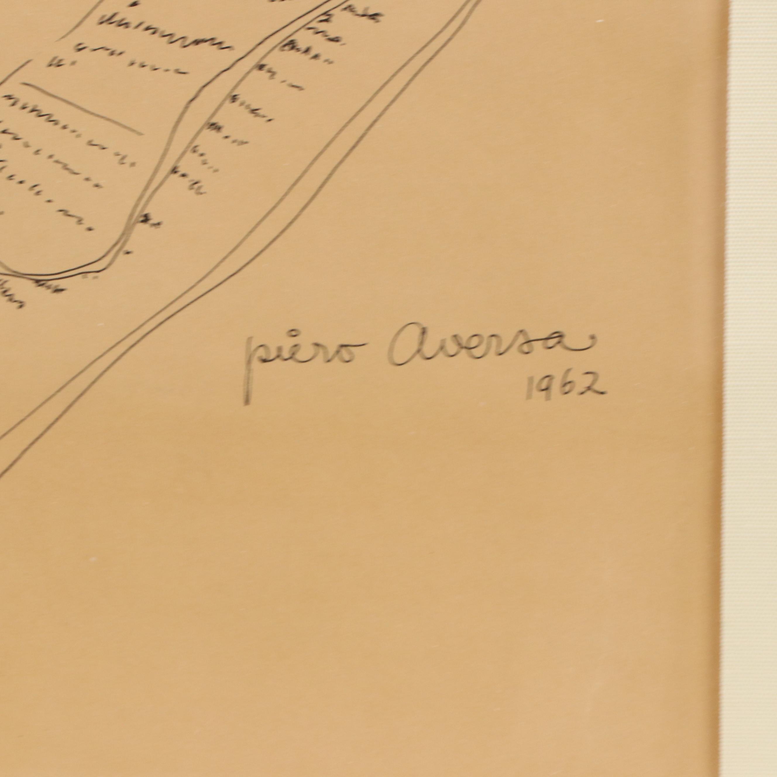 Piero Aversa Ink Drawing "The Literary Cat," 1962