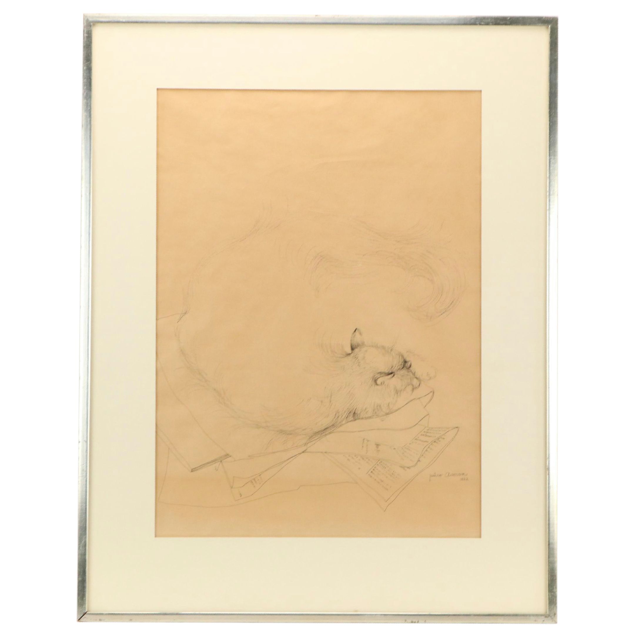 Piero Aversa Ink Drawing "The Literary Cat," 1962