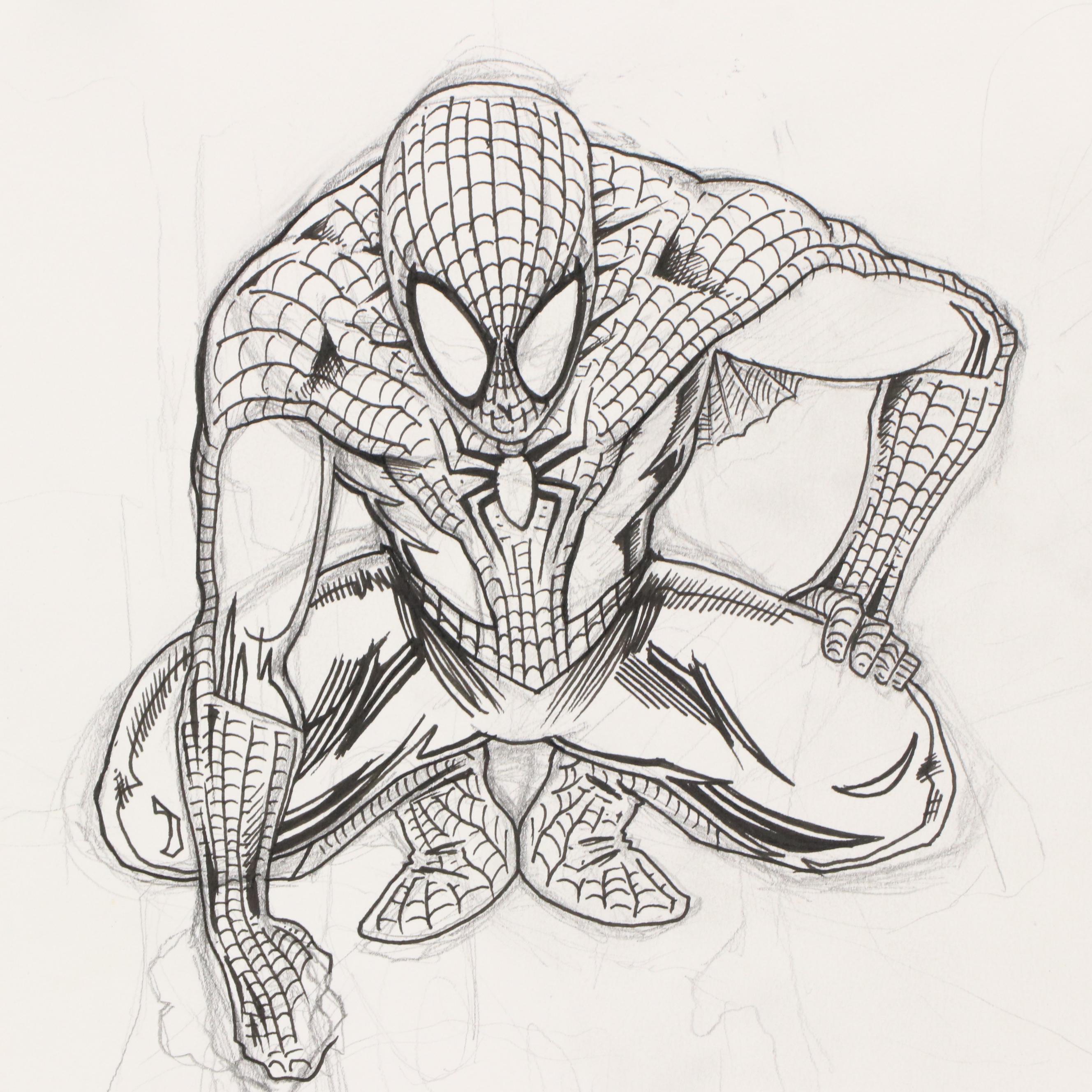David Myers Ink Illustration of Spiderman, 2016