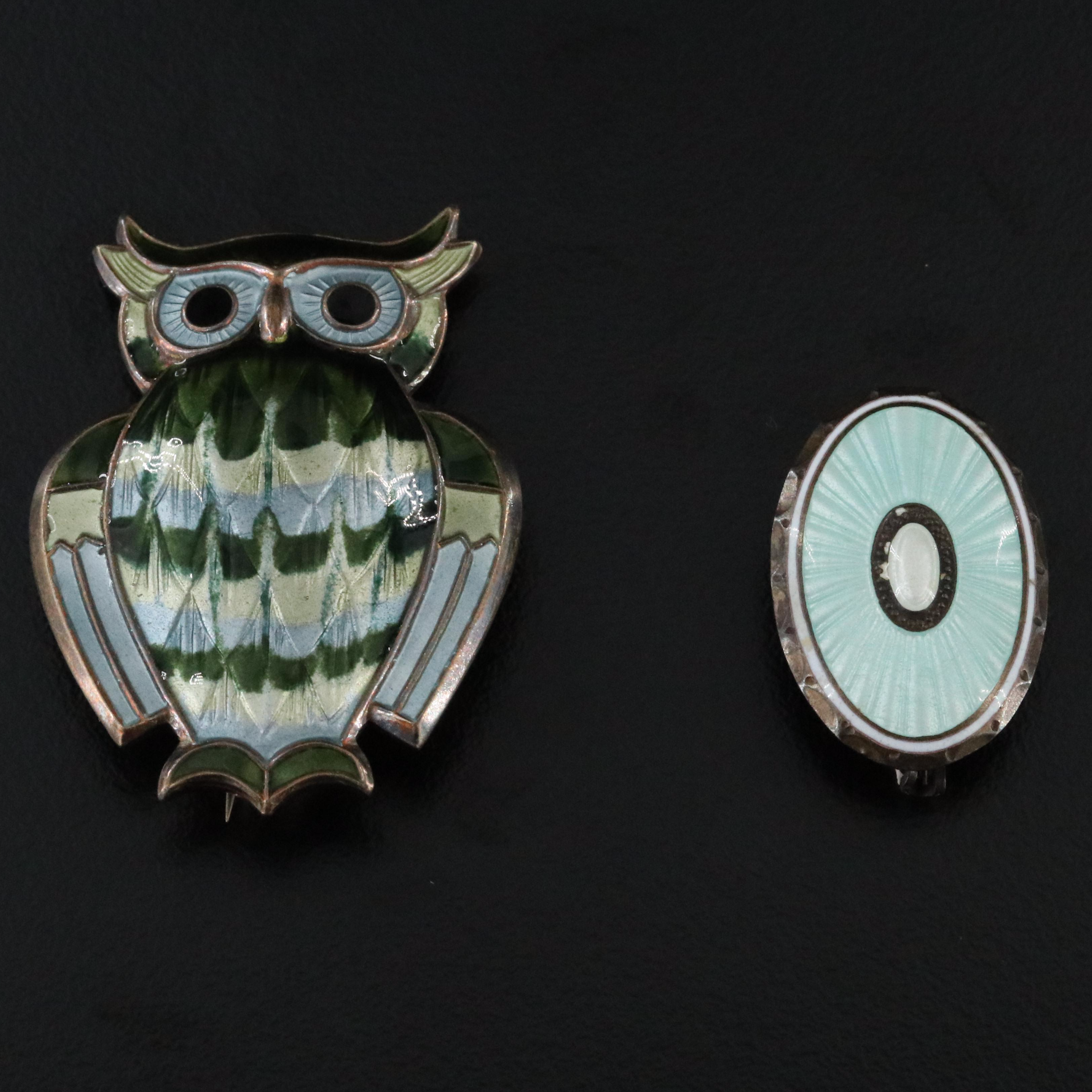 Sterling and 935 Silver Enamel Pins Featuring a David Andersen Owl