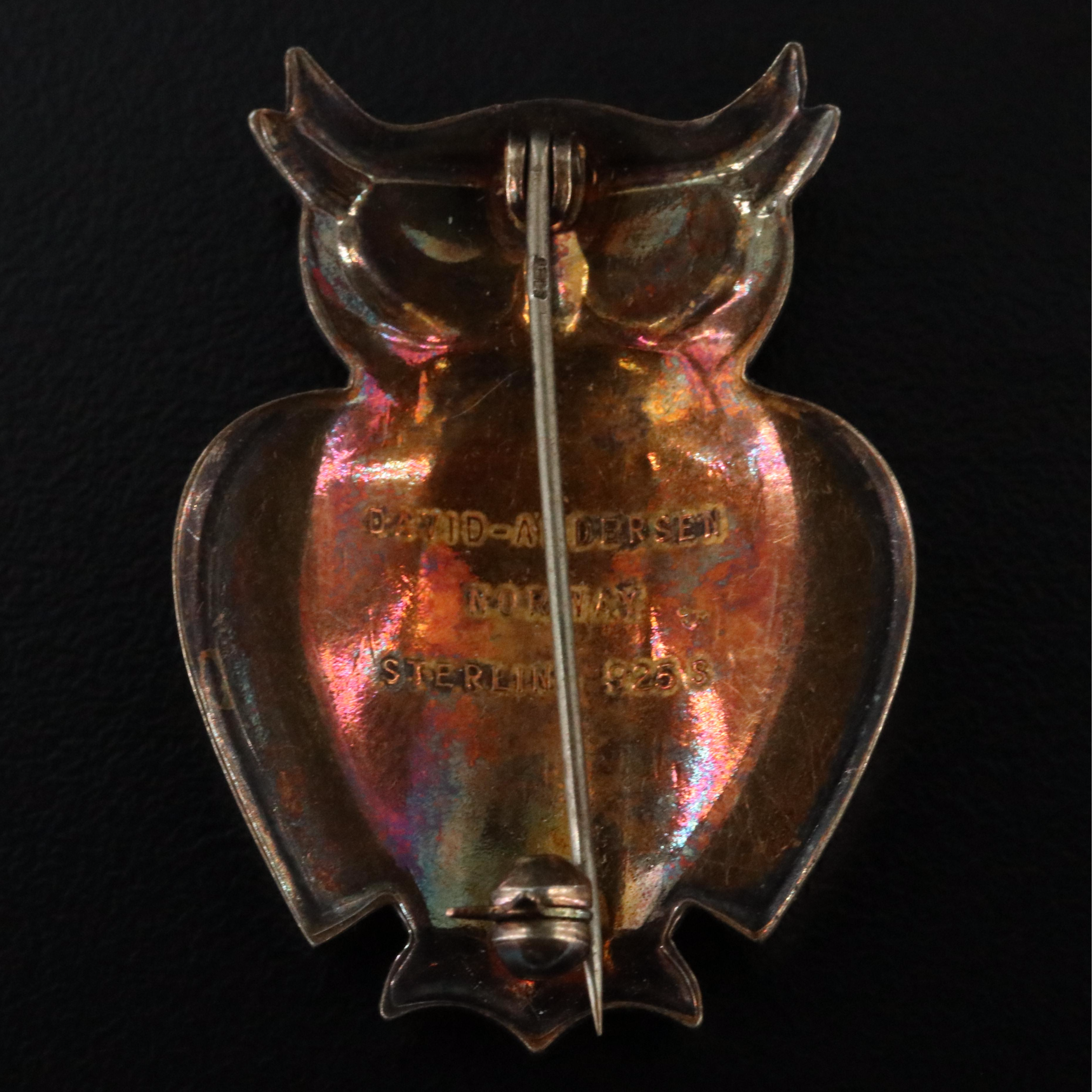 Sterling and 935 Silver Enamel Pins Featuring a David Andersen Owl