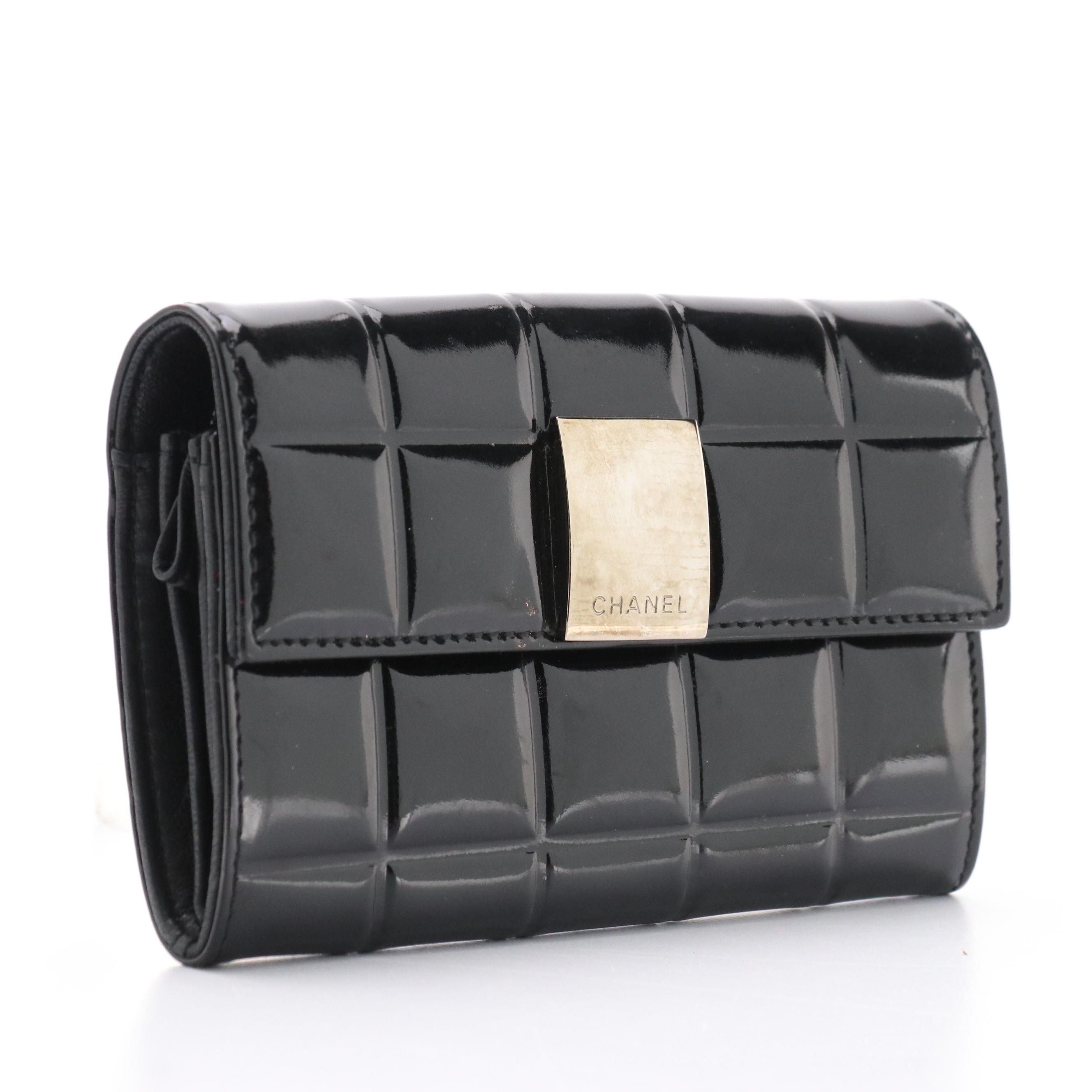 Chanel Black Patent Leather Chocolate Bar Wallet with Box