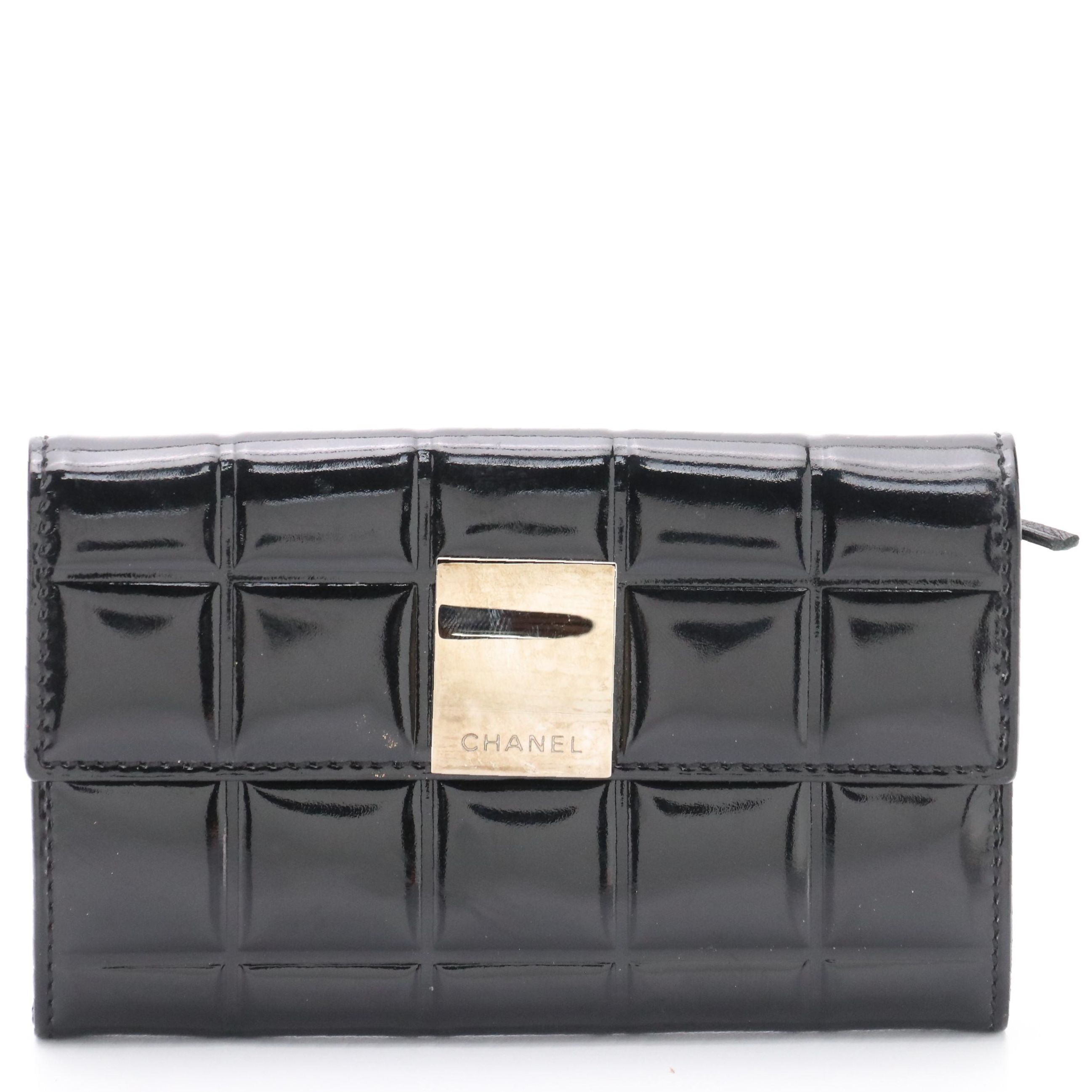 Chanel Black Patent Leather Chocolate Bar Wallet with Box
