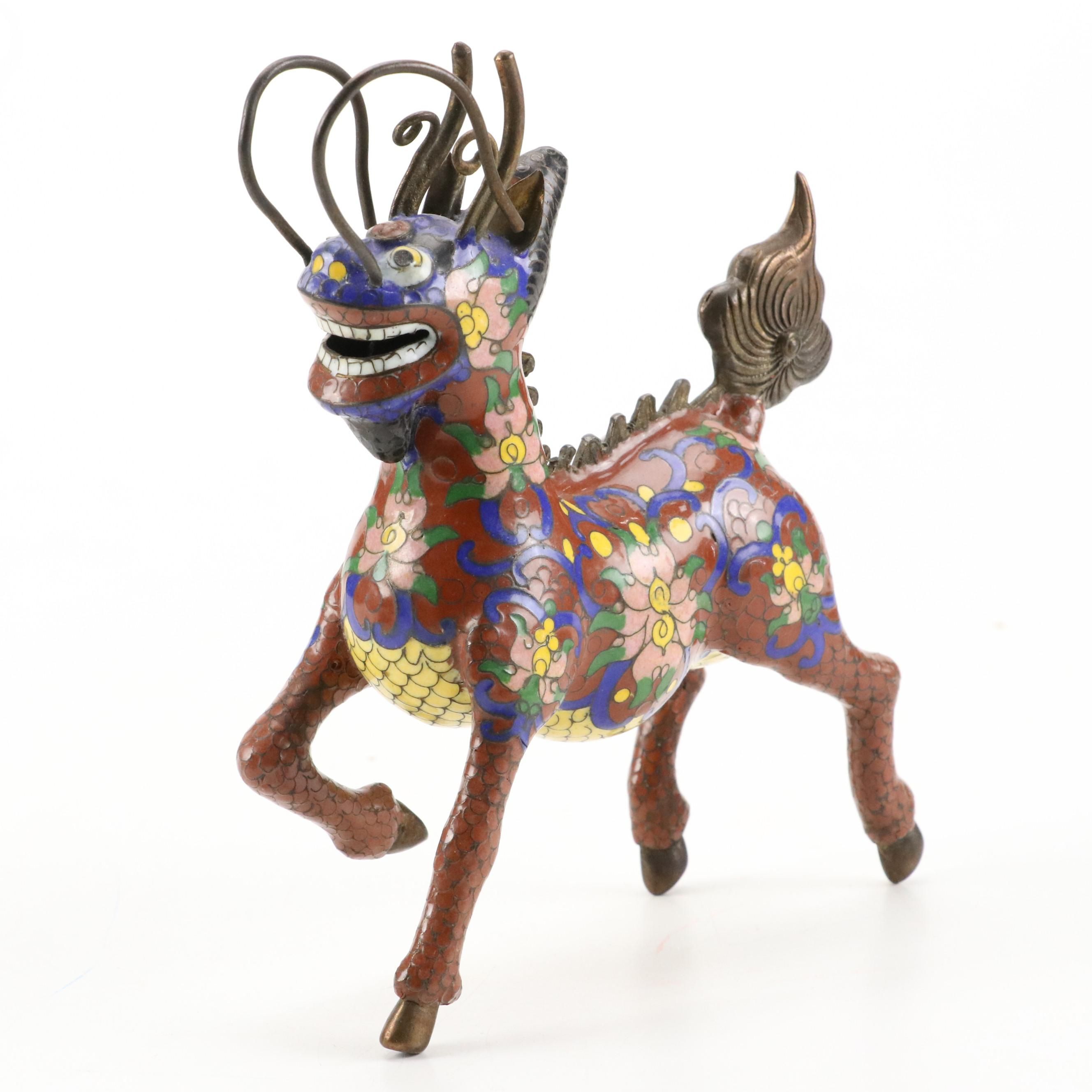 Chinese Style Cloisonné Brass Standing Qilin Mythical Figure