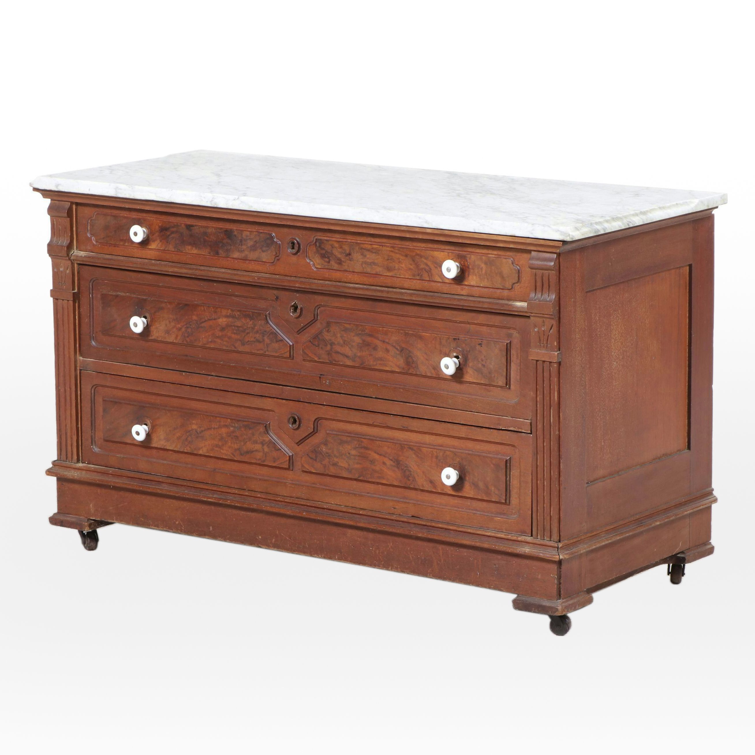 Late Victorian Walnut and Burl Marble Top Chest of Drawers, c. 1886
