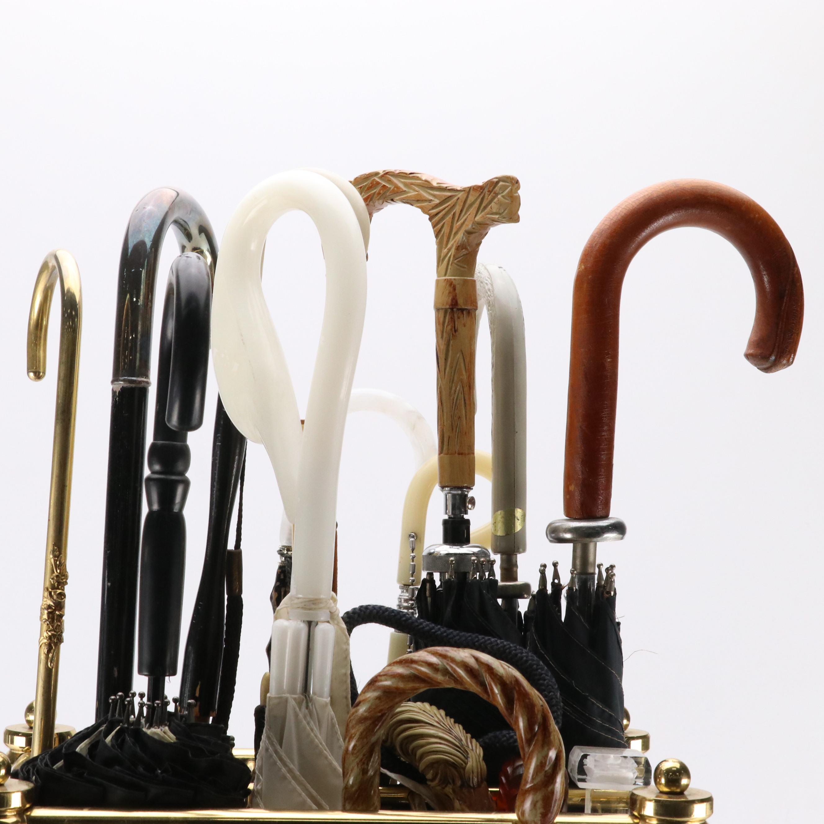 16 Assorted Umbrellas by Gloria Vanderbilt & Others with Umbrella Stand