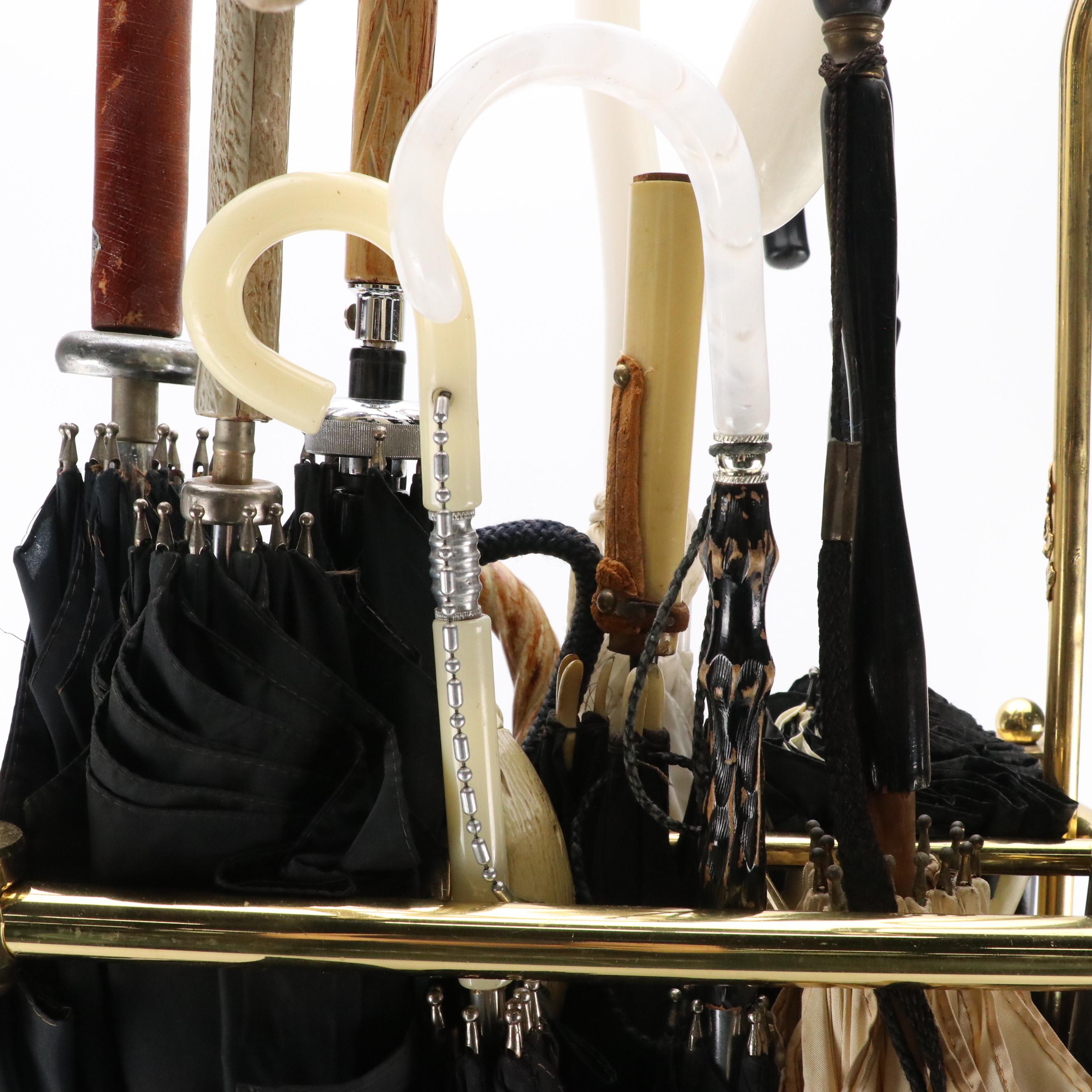 16 Assorted Umbrellas by Gloria Vanderbilt & Others with Umbrella Stand