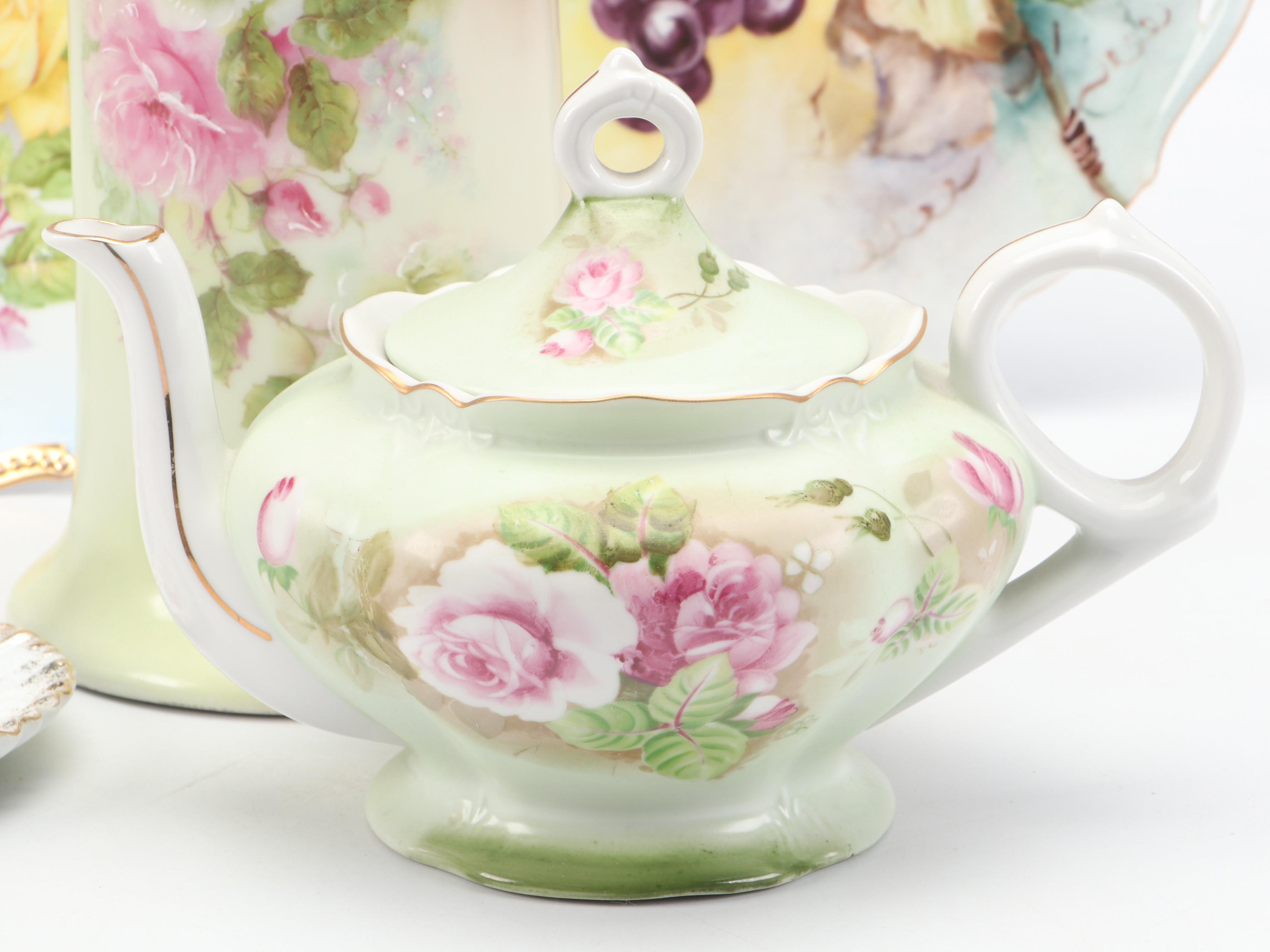 Lefton Porcelain Musical Teapot and Shell Ashtray with More Porcelain Décor