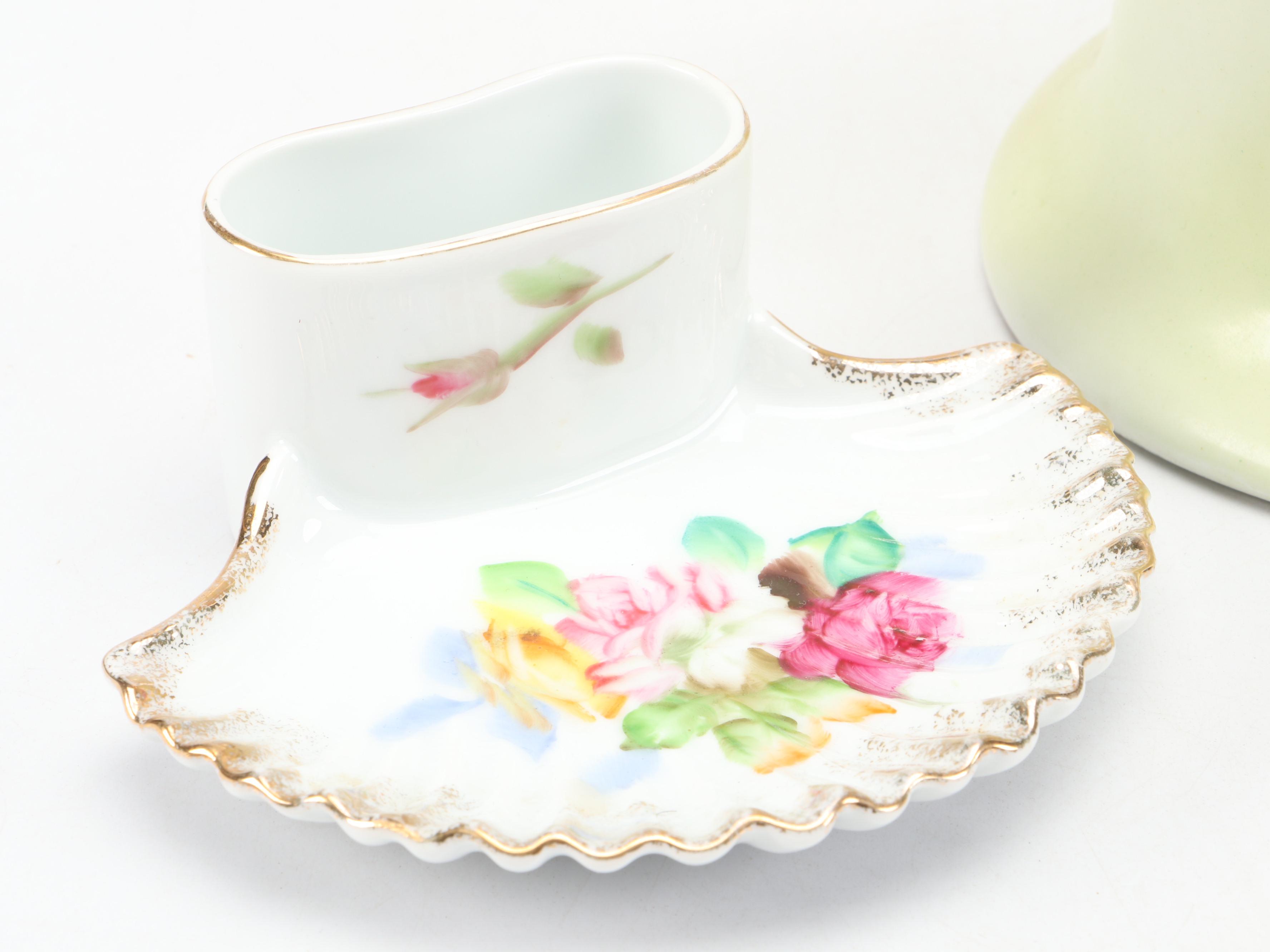 Lefton Porcelain Musical Teapot and Shell Ashtray with More Porcelain Décor