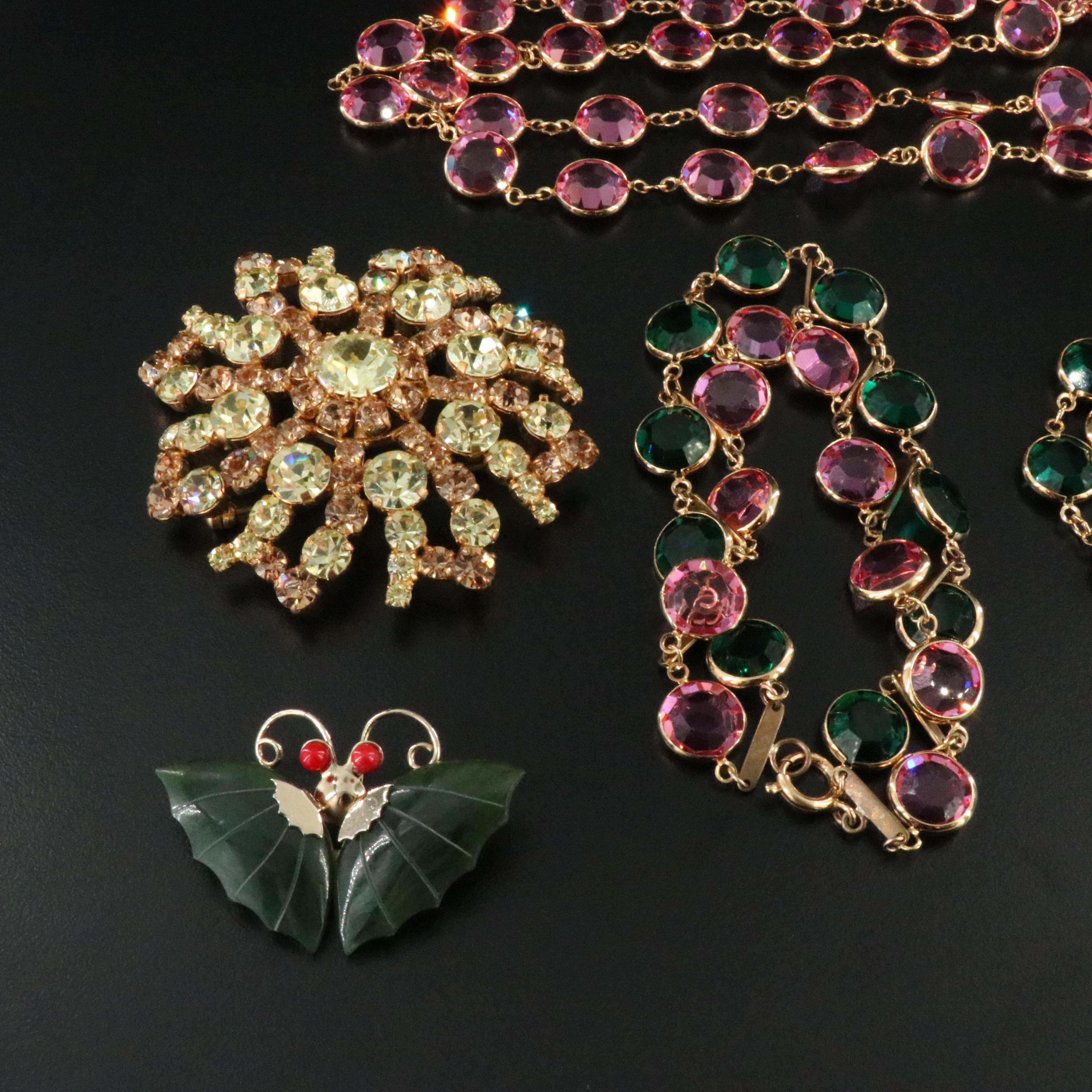 Nephrite and Coral Butterfly Brooch and Swarovski Featured in Jewelry Collection