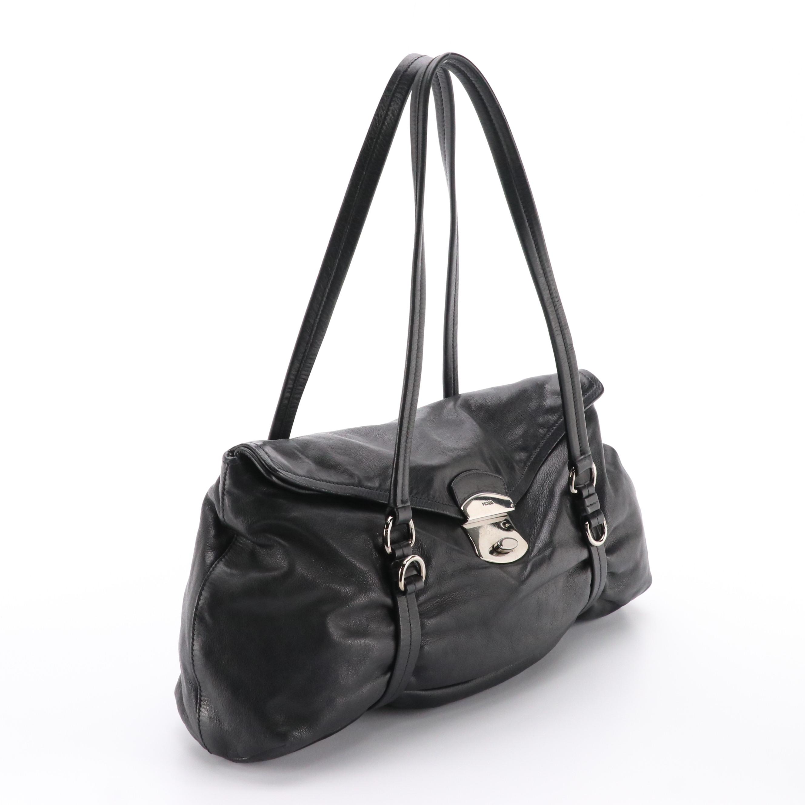 Prada Black Leather Front-Flap Shoulder Bag